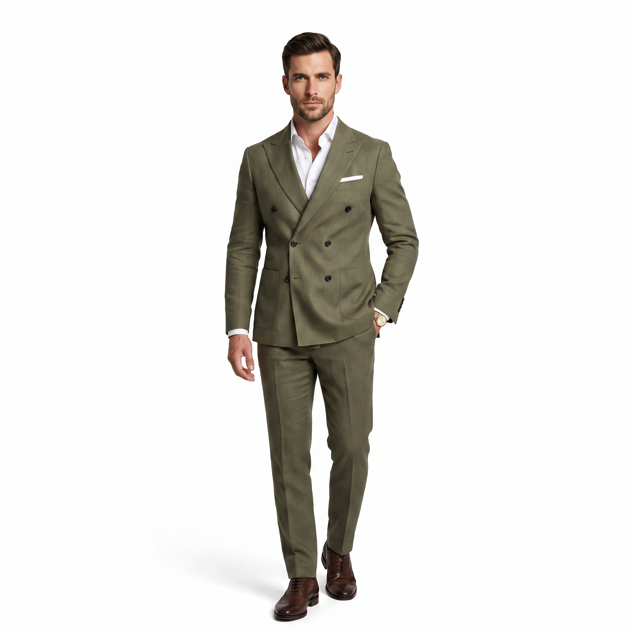 Aesido Business Casual 2 Pieces Olive Green Linen Peak Lapel Men's Suits (Blazer+Pants)