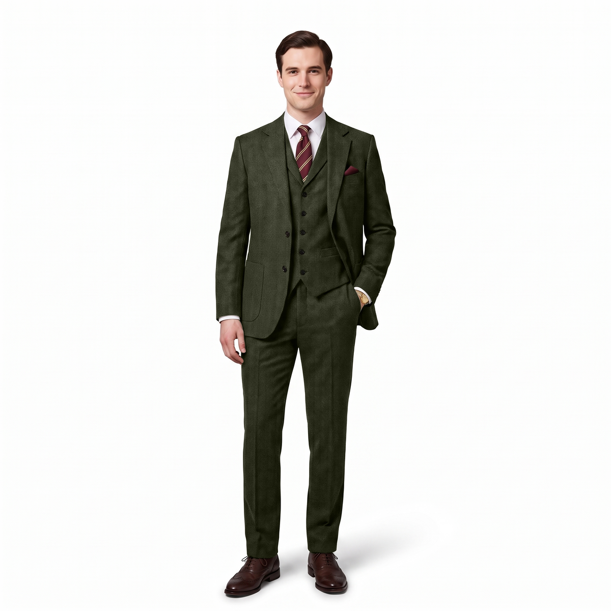 Aesido 3 Pieces Herringbone Notch Lapel Men's Suit (Blazer+Vest+Pants)
