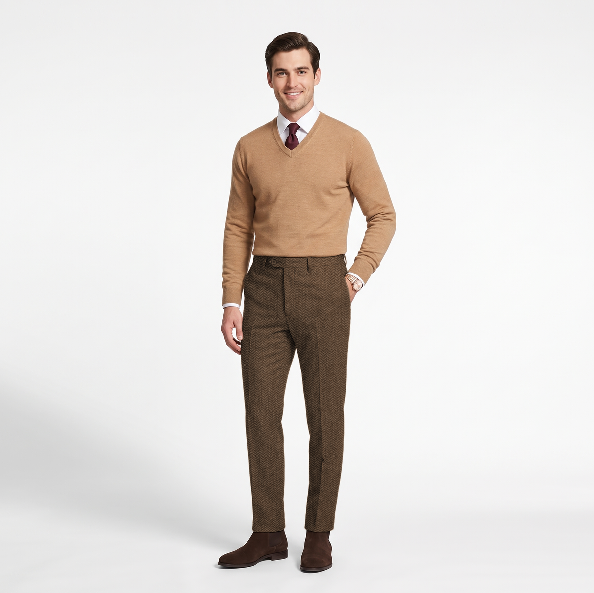 Aesido Men's Retro Pants Herringbone Tweed Trousers