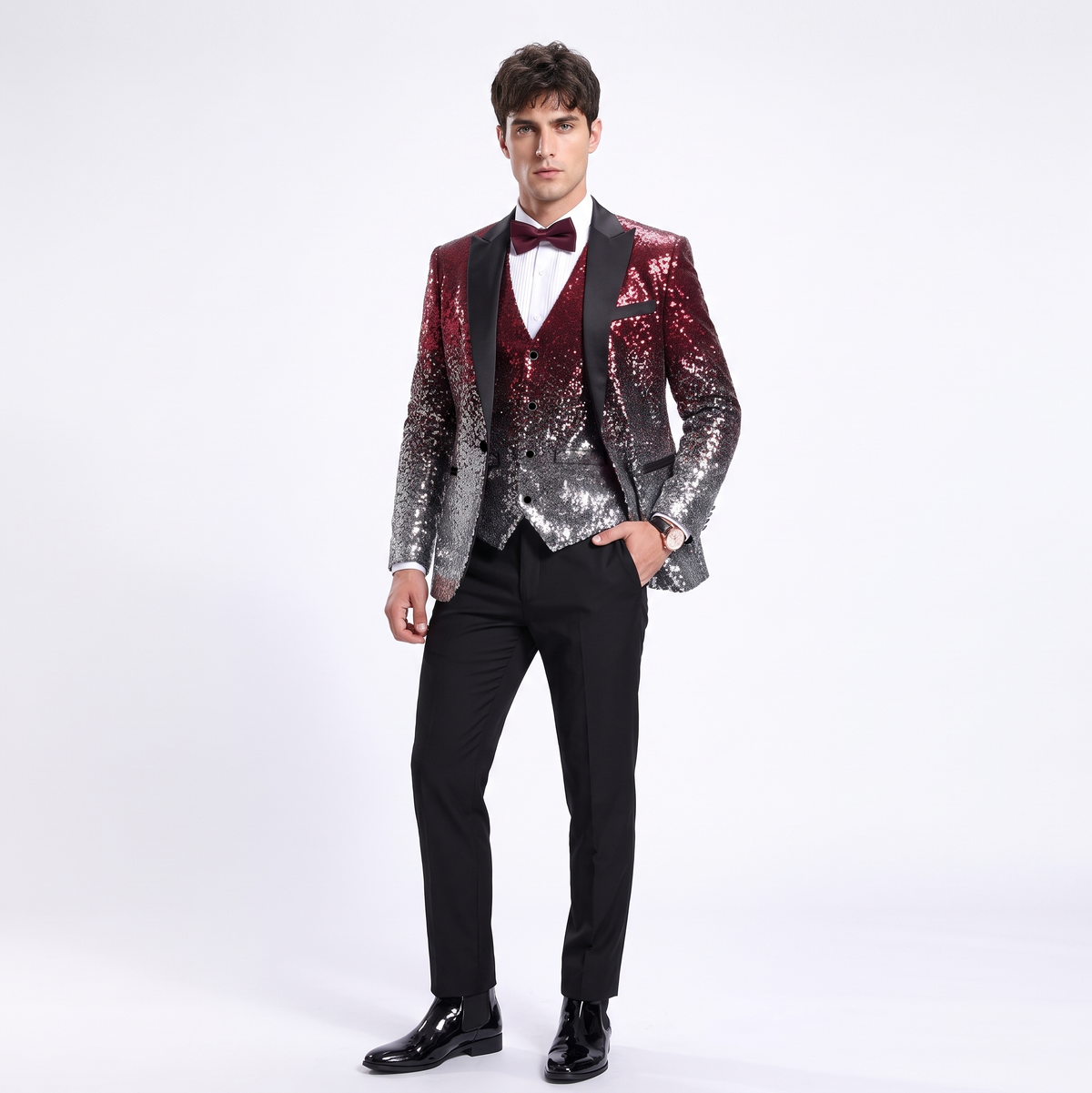 Aesido Sequins Formal Peak Lapel 3 Pieces Mens Suit Tuxedos (Blazer+vest+Pants)