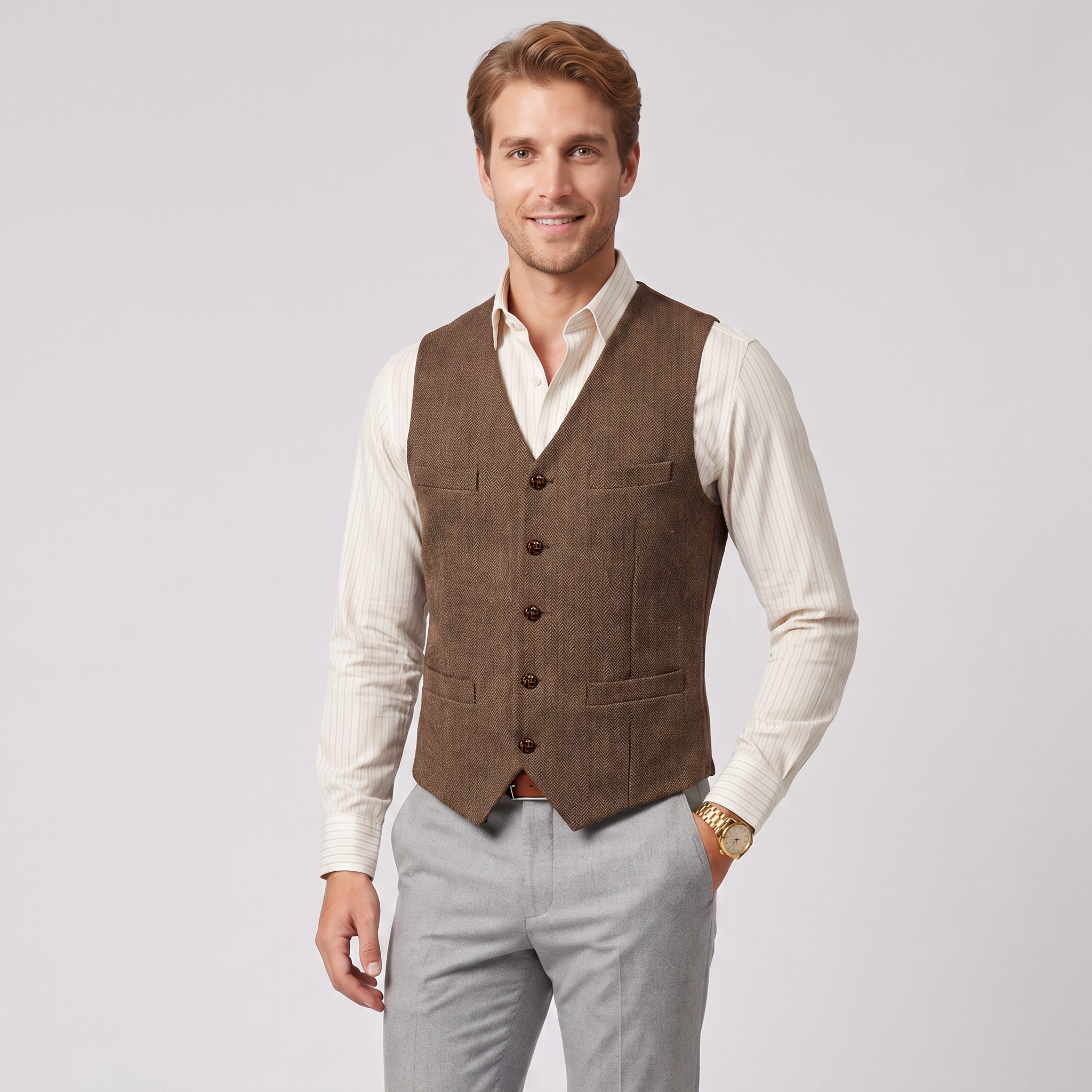 Aesido Casual Single Breasted V Neck Herringbone Men's Vest
