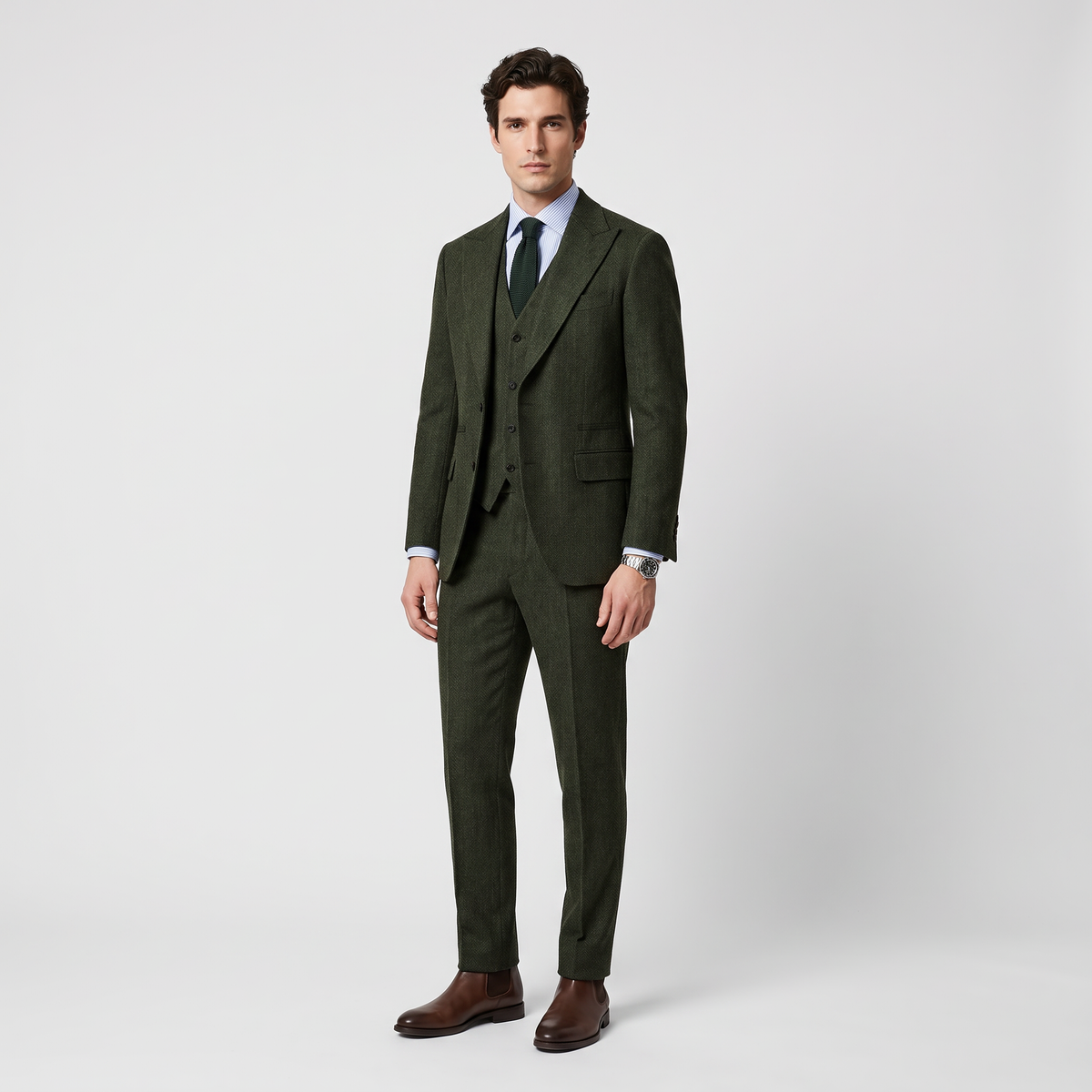 Aesido 3 Pieces Herringbone Peak Lapel Men's Suit For Wedding (Blazer+Vest+Pants)