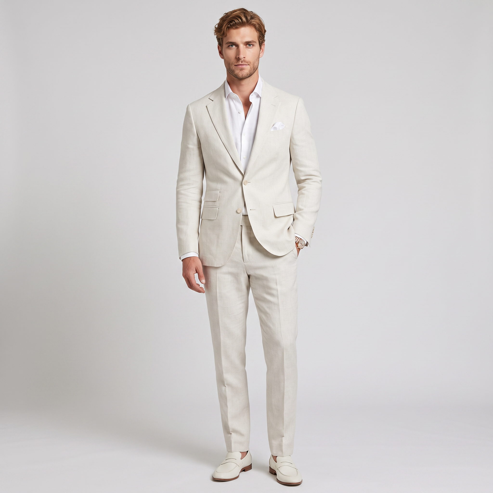 Aesido Ivory 2 Pieces Linen Casual Double Buttons Notch Lapel Men's Suits (Blazer+Pants)