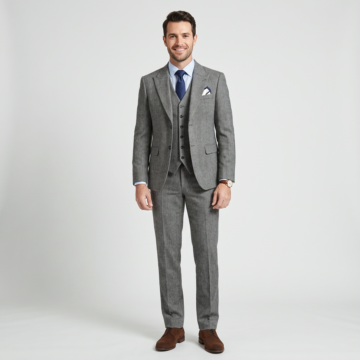 Aesido 3 Pieces Business Herringbone Peak Lapel Men's Suit (Blazer+Vest+Pants)