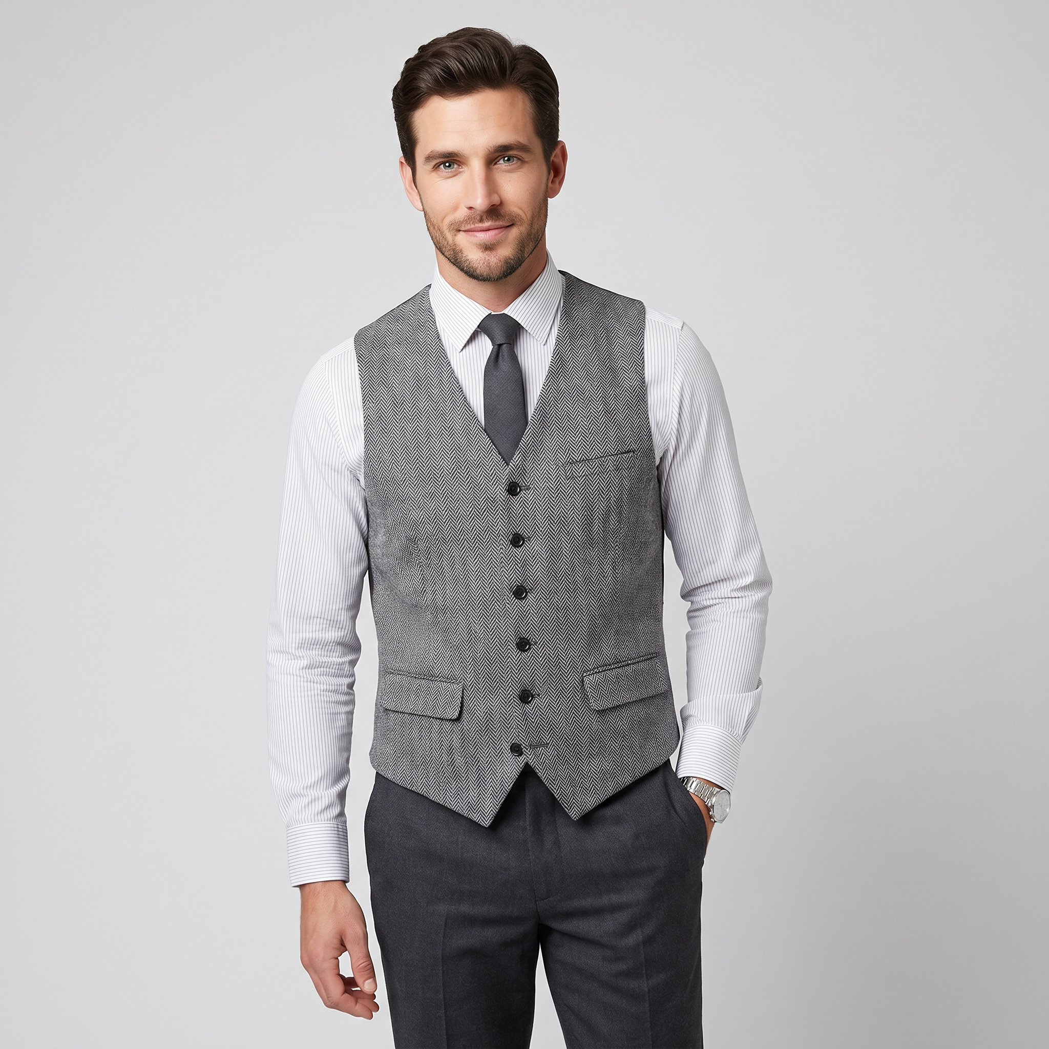 Aesido Men's Single Breasted V Neck Herringbone Waistcoat