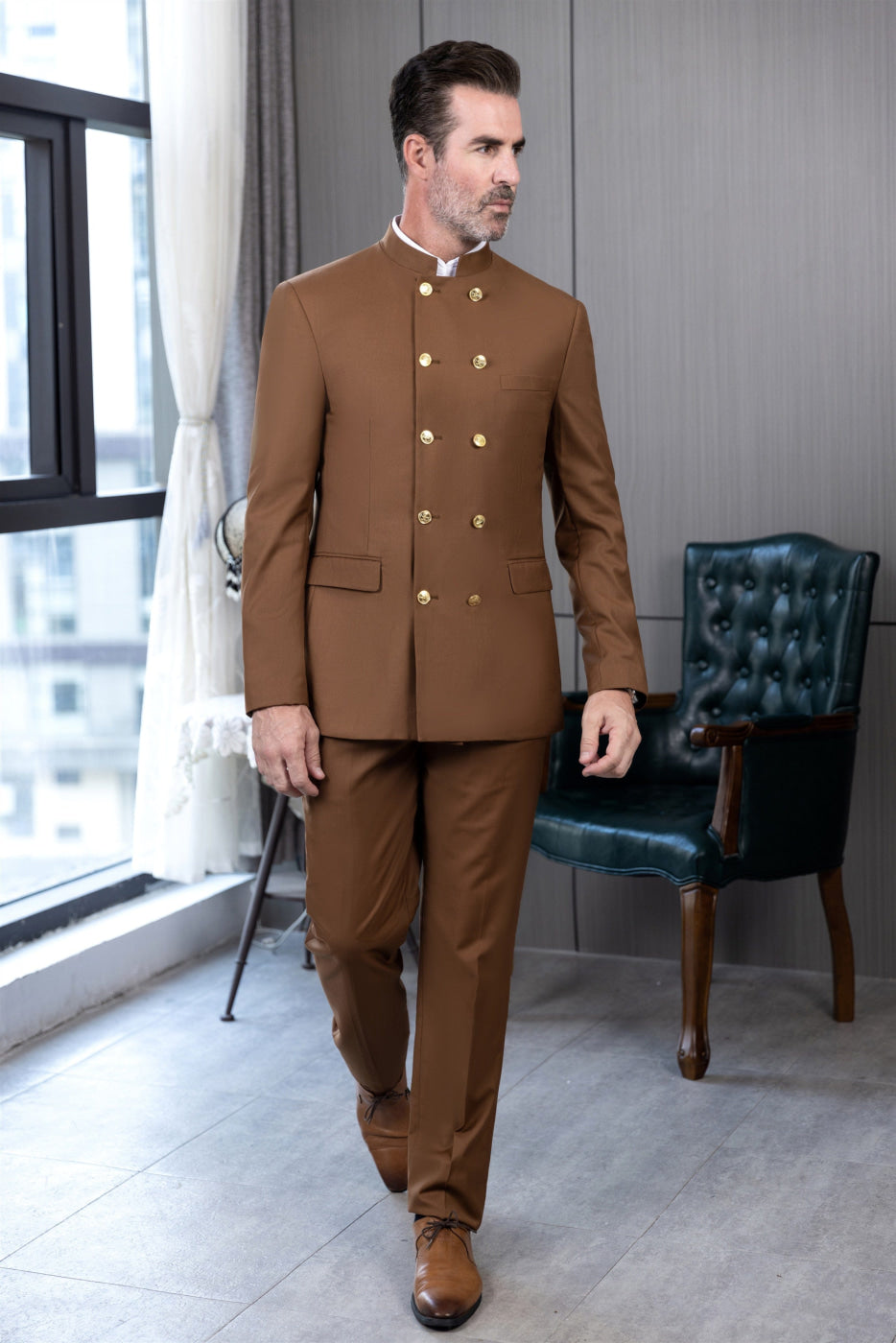 aesido 2 Piece Double Breasted Stand Lapel Men's Suit