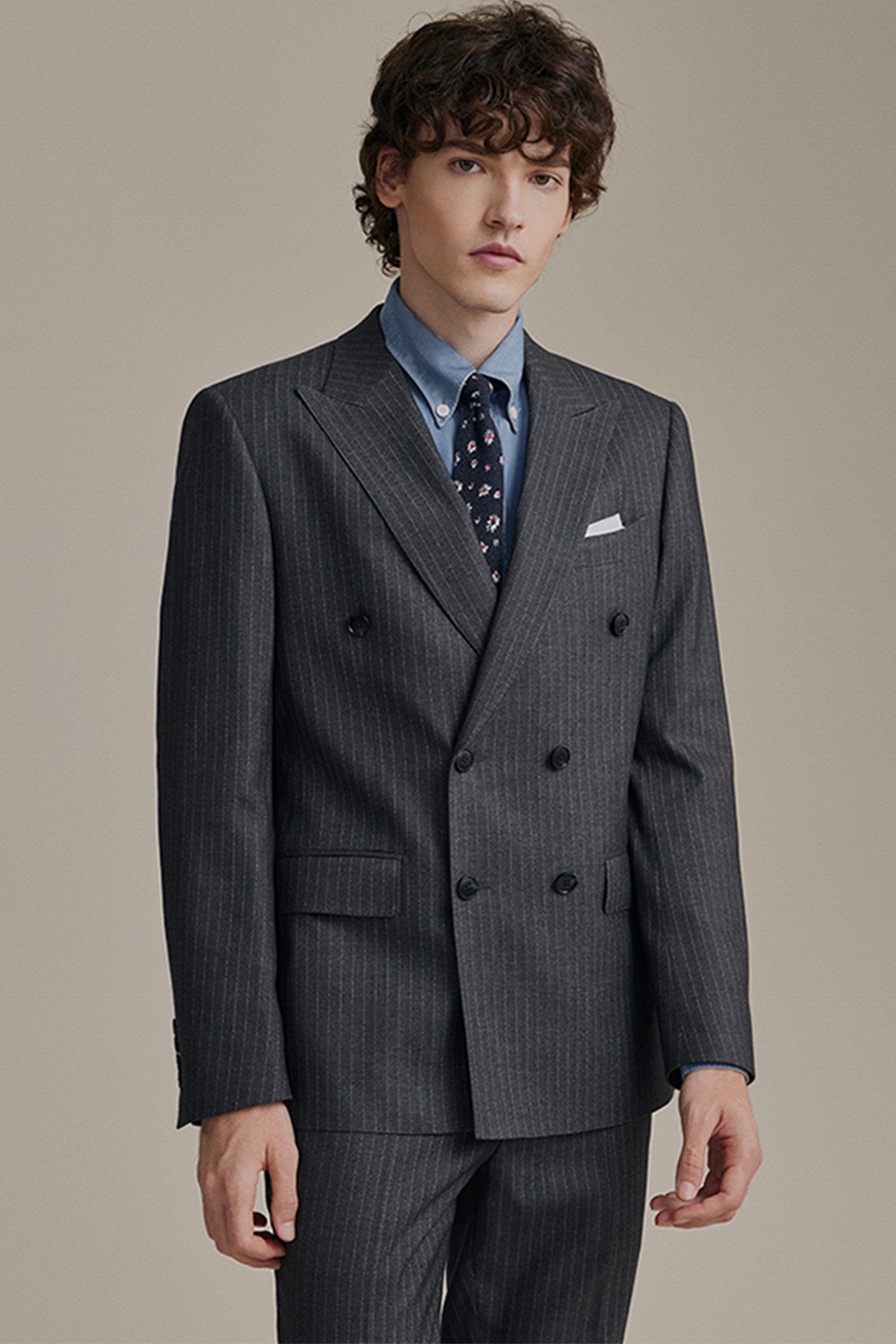 aesido 2 Piece Grey Double Breasted Striped Business Casual Mens Suit Groom Wedding Dress
