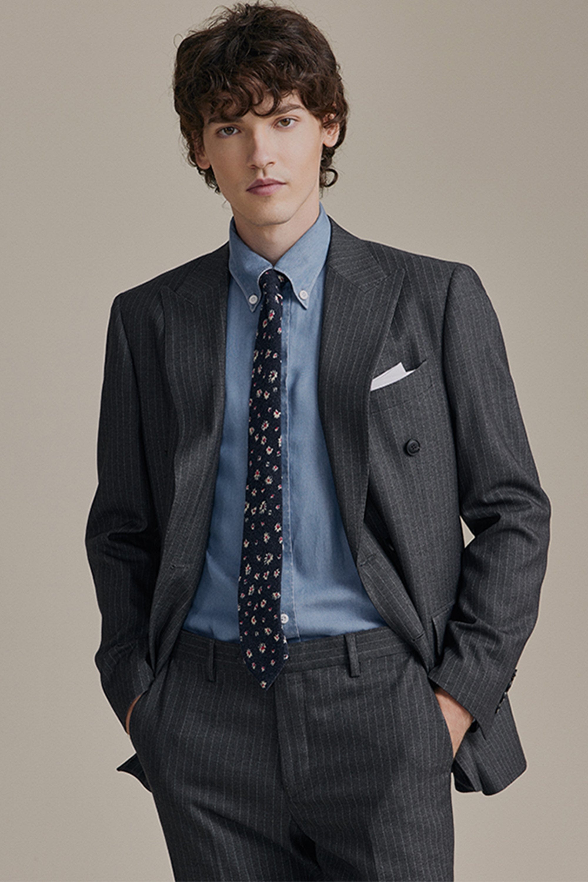 aesido 2 Piece Grey Double Breasted Striped Business Casual Mens Suit Groom Wedding Dress