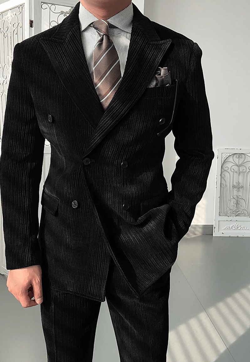 aesido 2 Piece Khaki Peaked Lapel Double Breasted Corduroy Casual Business Slim Fit Men's Suit