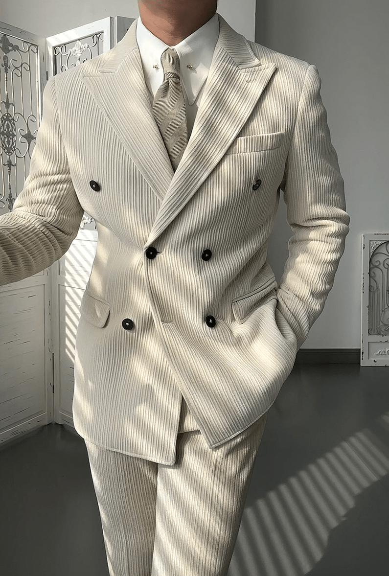 aesido 2 Piece Khaki Peaked Lapel Double Breasted Corduroy Casual Business Slim Fit Men's Suit