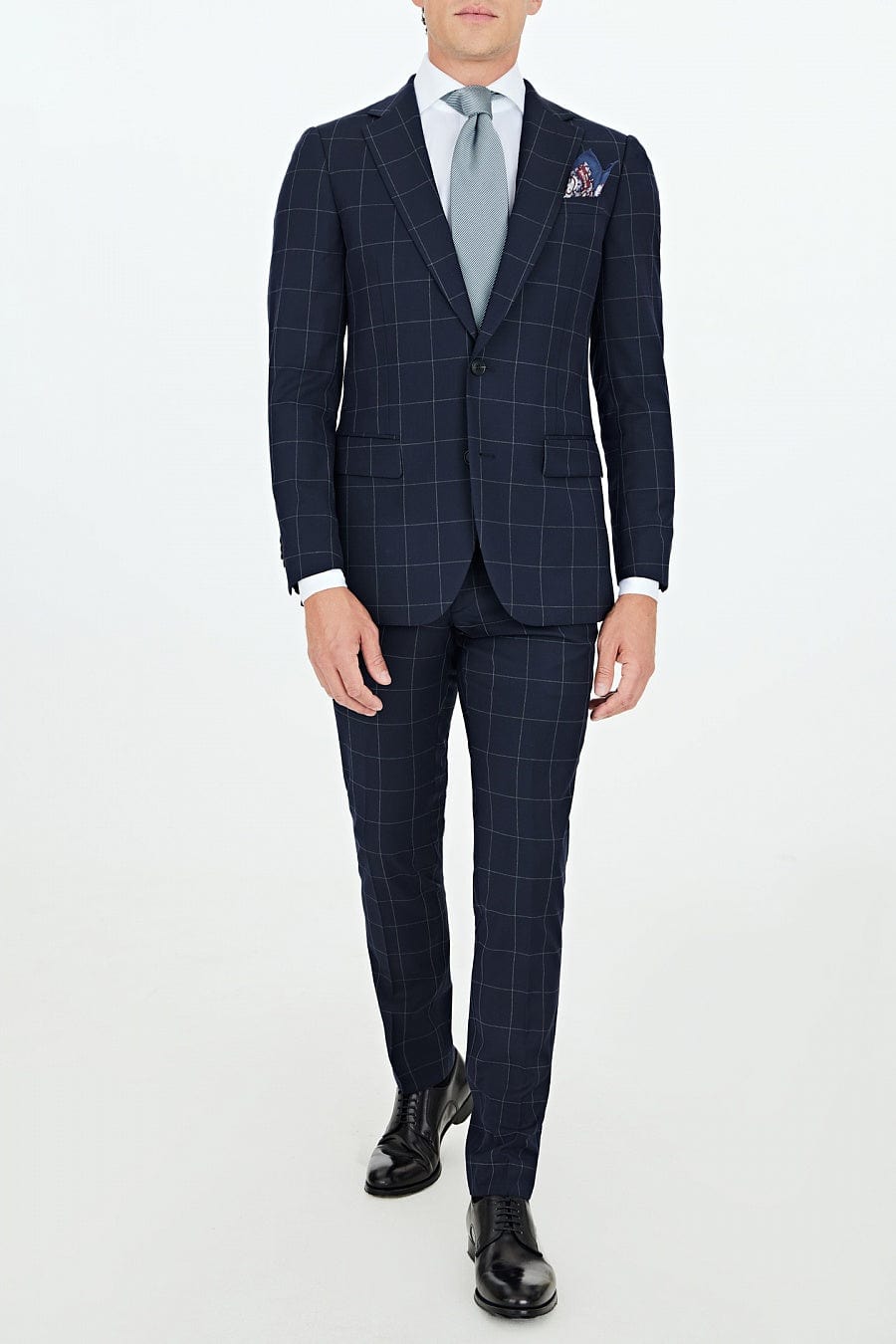 aesido 2 Piece Navy Blue Business Casual Notch Lapel Plaid Men Suit (Blazer+Pants)