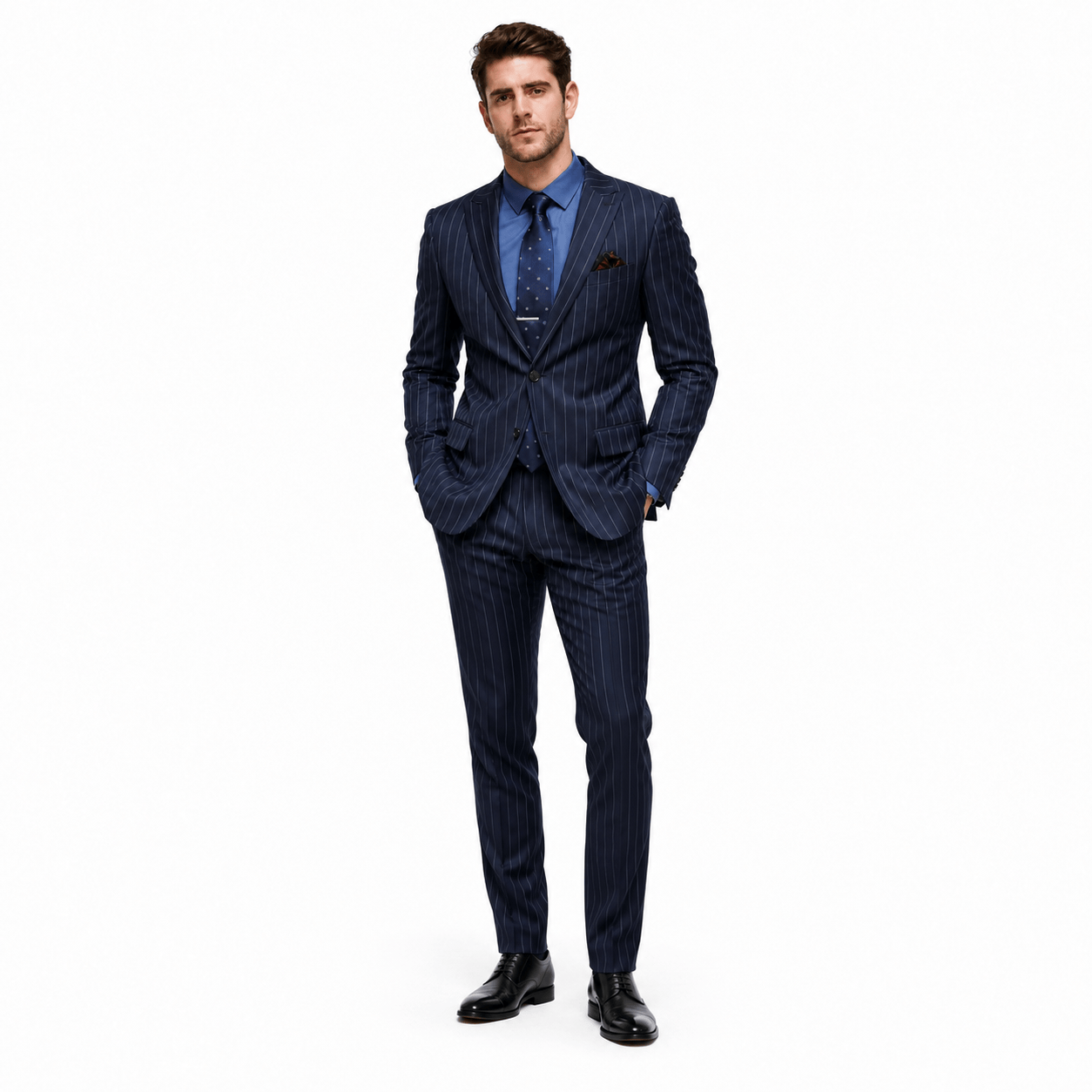 aesido 2 Piece Navy Blue Striped Double Button Slim Fit Men's Suit