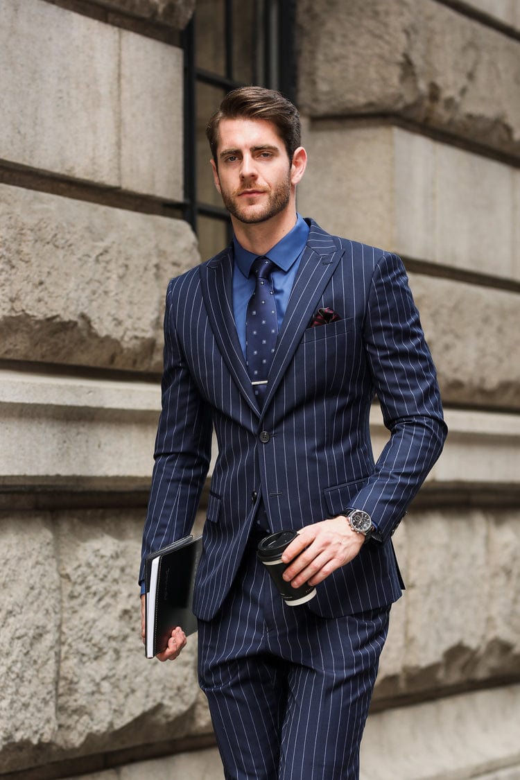 2 Piece Navy Blue Striped Double Button Slim Fit Men's Suit Navy / 44R 2 Piece Navy Blue Striped Double Button Slim Fit Men's Suit Navy / 44R