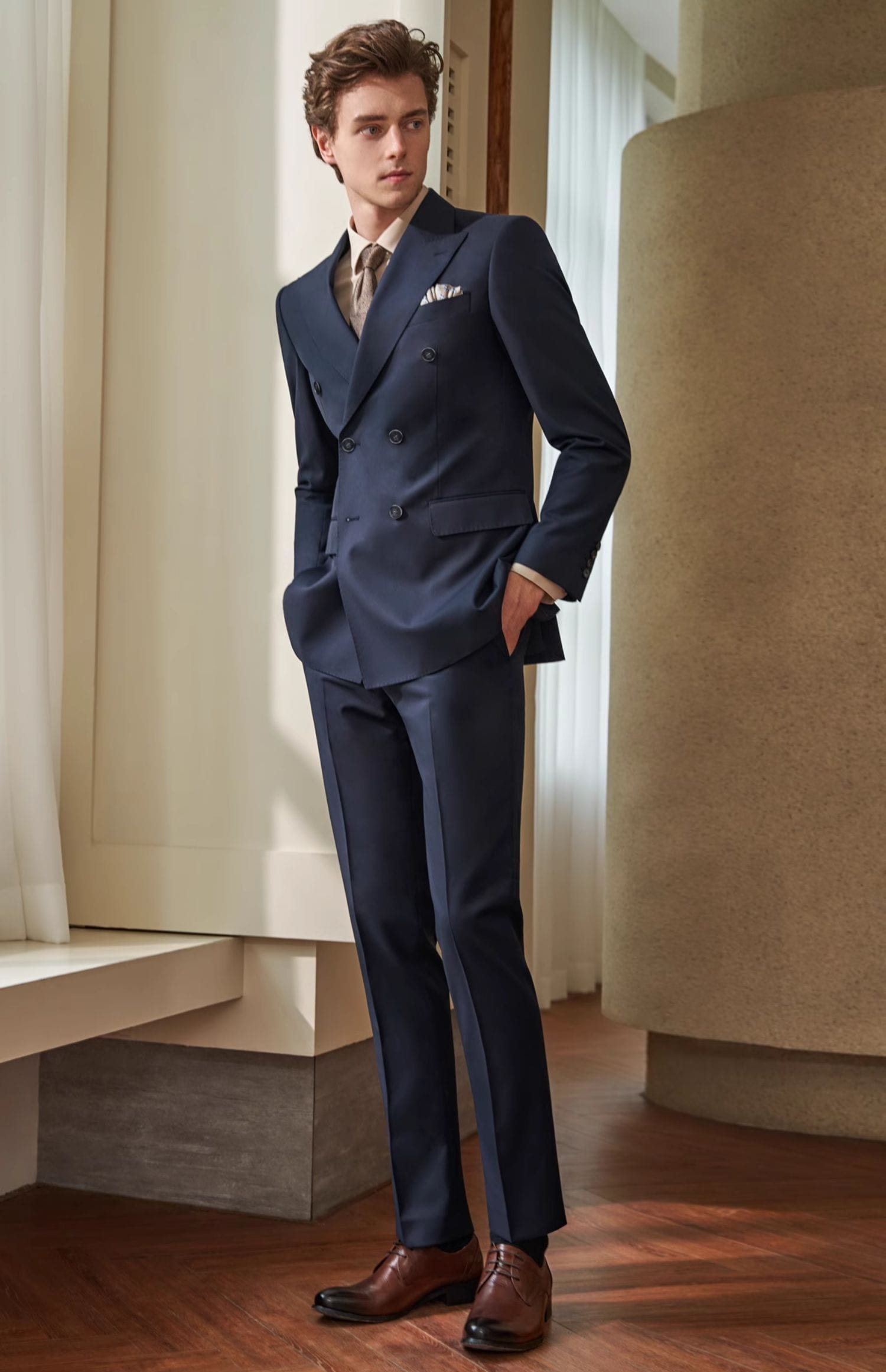 Piece Navy Double Breasted Men's Suit Business Slim Fit Groom Weddin