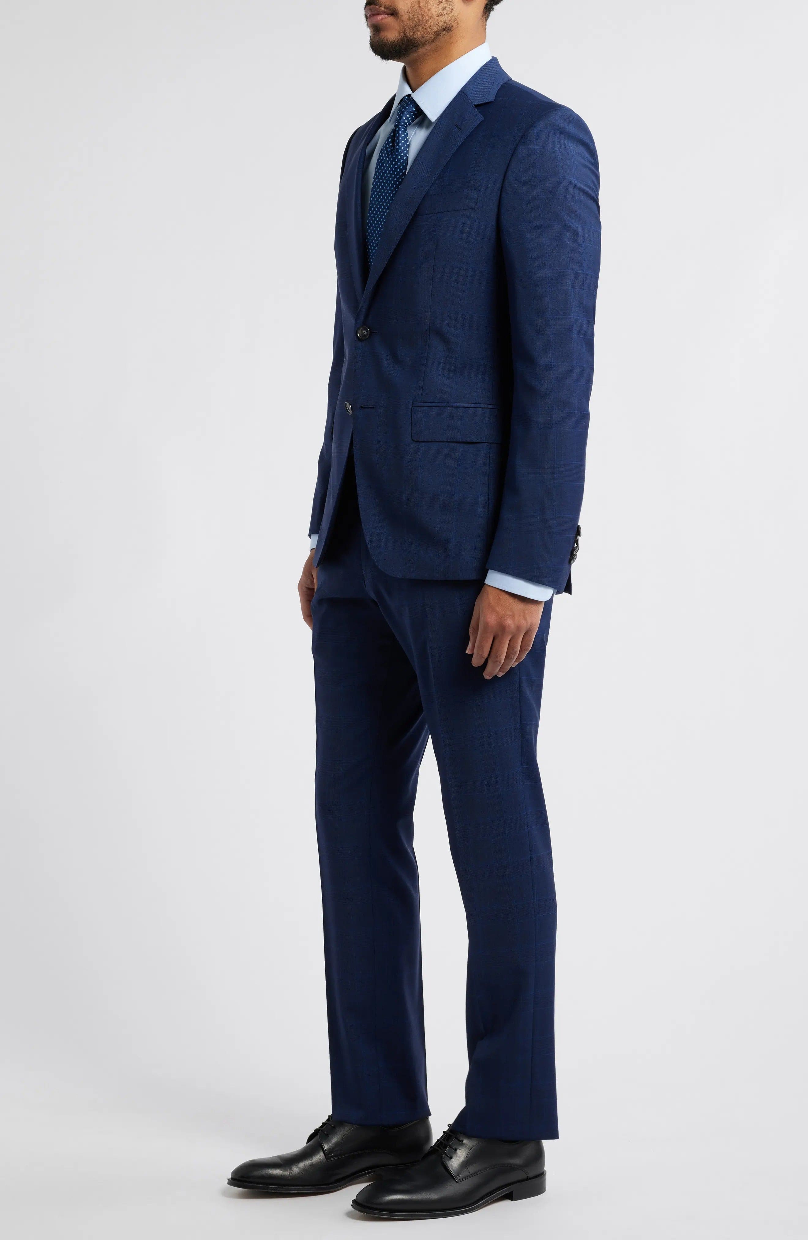 aesido 2 Piece Navy Plaid Double Button Business Casual Slim Fit Men Suit