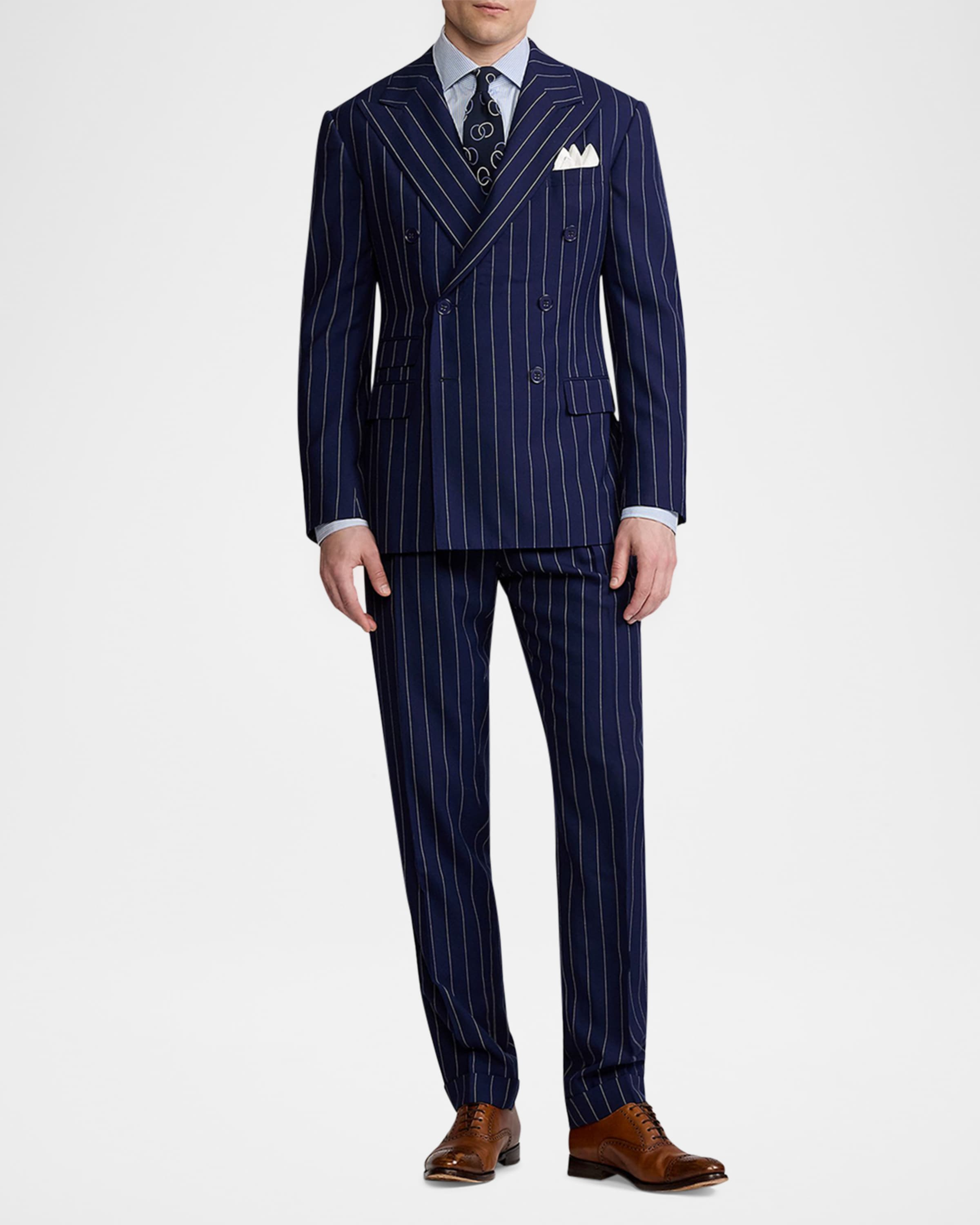 aesido 2 Piece Navy Striped Double Breasted Business Casual Slim Fit Men's Suit