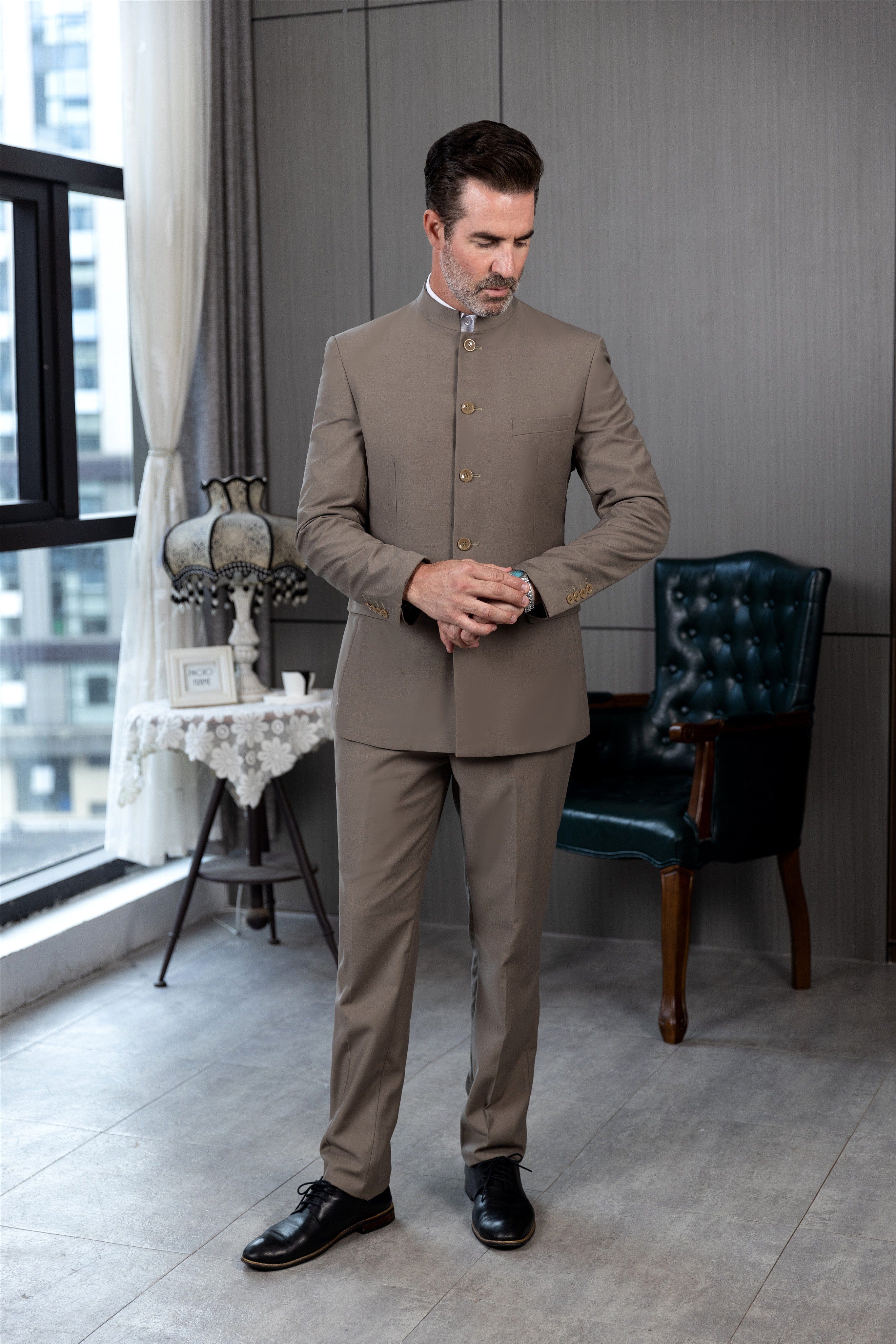 aesido 2 Piece Single Breasted Stand Lapel Men's Suit(Blazer+Pants)