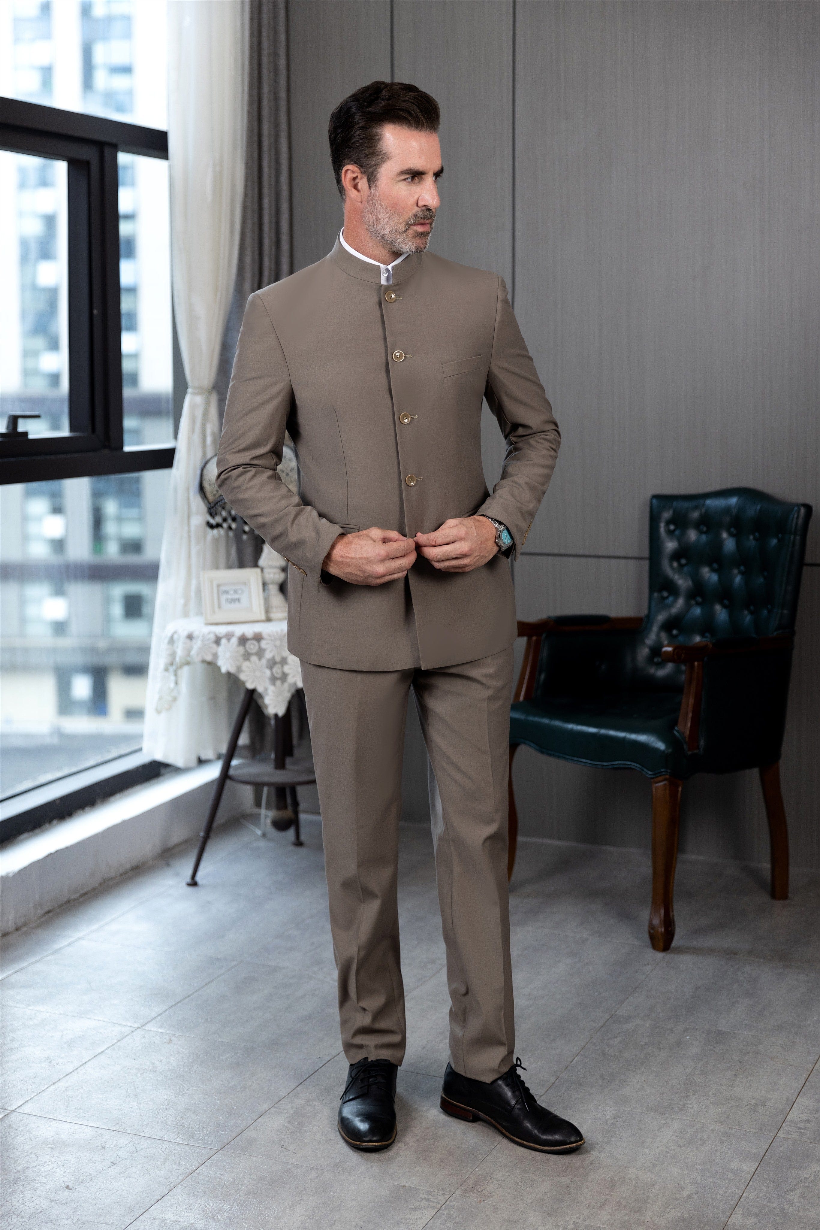 aesido 2 Piece Single Breasted Stand Lapel Men's Suit(Blazer+Pants)