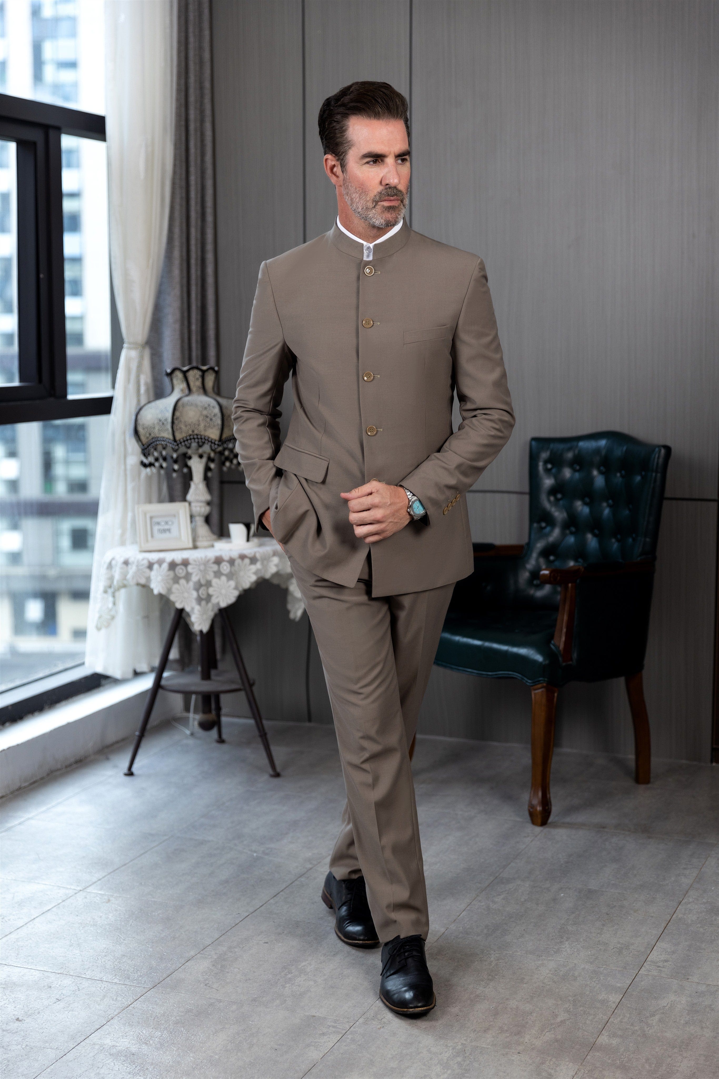 aesido 2 Piece Single Breasted Stand Lapel Men's Suit(Blazer+Pants)