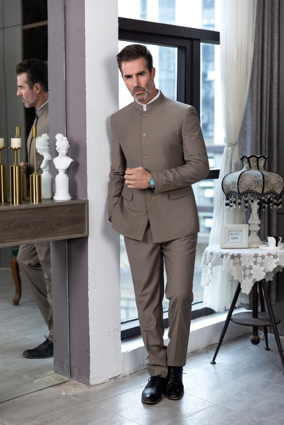 aesido 2 Piece Single Breasted Stand Lapel Men's Suit(Blazer+Pants)