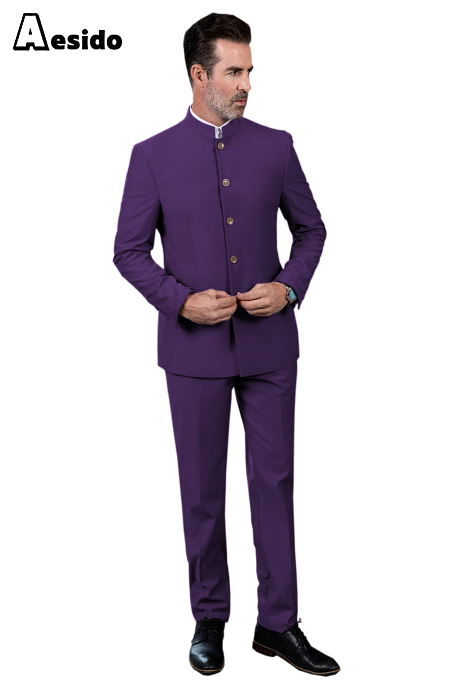 aesido 2 Piece Single Breasted Stand Lapel Men's Suit(Blazer+Pants)