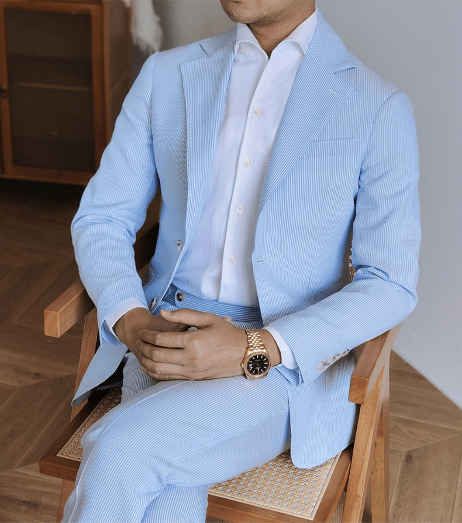 aesido 2 Piece Spring Summer Seersucker Blue Striped Peaked Collar Casual Slim Fit Men's Suit