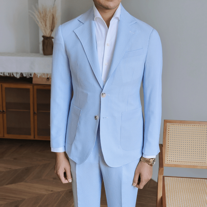 aesido 2 Piece Spring Summer Seersucker Blue Striped Peaked Collar Casual Slim Fit Men's Suit