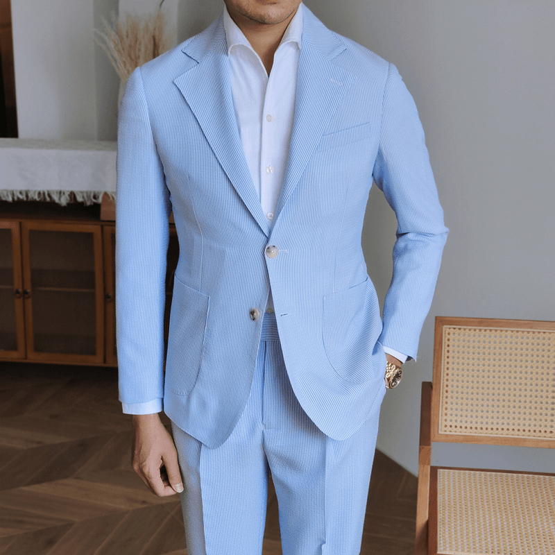 aesido 2 Piece Spring Summer Seersucker Blue Striped Peaked Collar Casual Slim Fit Men's Suit