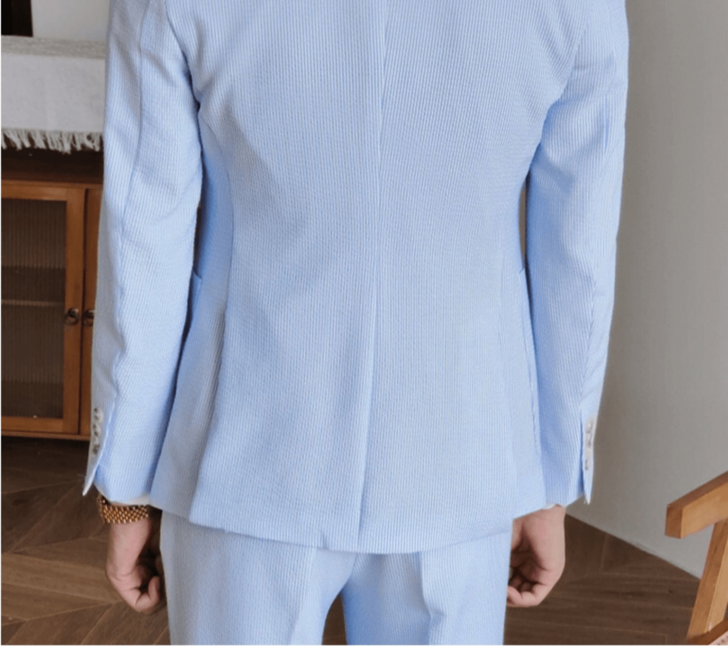 aesido 2 Piece Spring Summer Seersucker Blue Striped Peaked Collar Casual Slim Fit Men's Suit