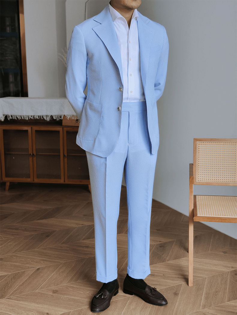 aesido 2 Piece Spring Summer Seersucker Blue Striped Peaked Collar Casual Slim Fit Men's Suit