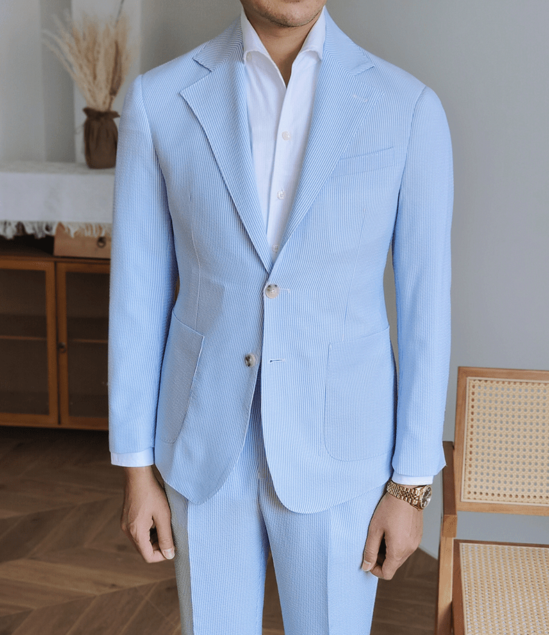 aesido 2 Piece Spring Summer Seersucker Blue Striped Peaked Collar Casual Slim Fit Men's Suit