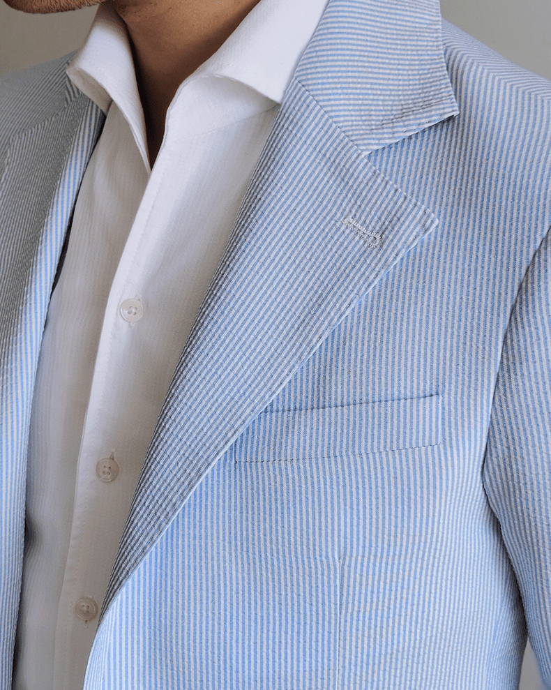 aesido 2 Piece Spring Summer Seersucker Blue Striped Peaked Collar Casual Slim Fit Men's Suit