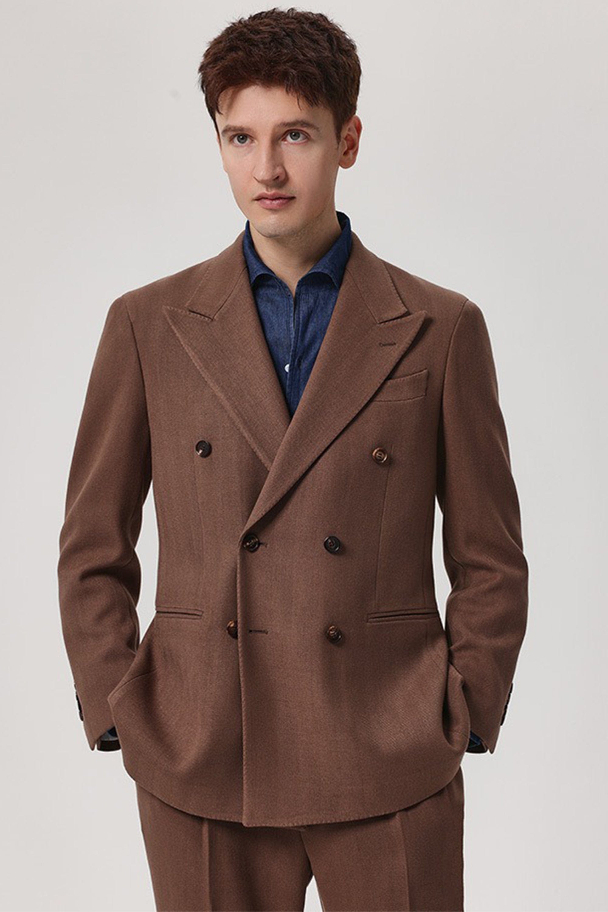 aesido 2 Piece Winter Thickened Brushed Herringbone Double Breasted Business Casual Men's Suit