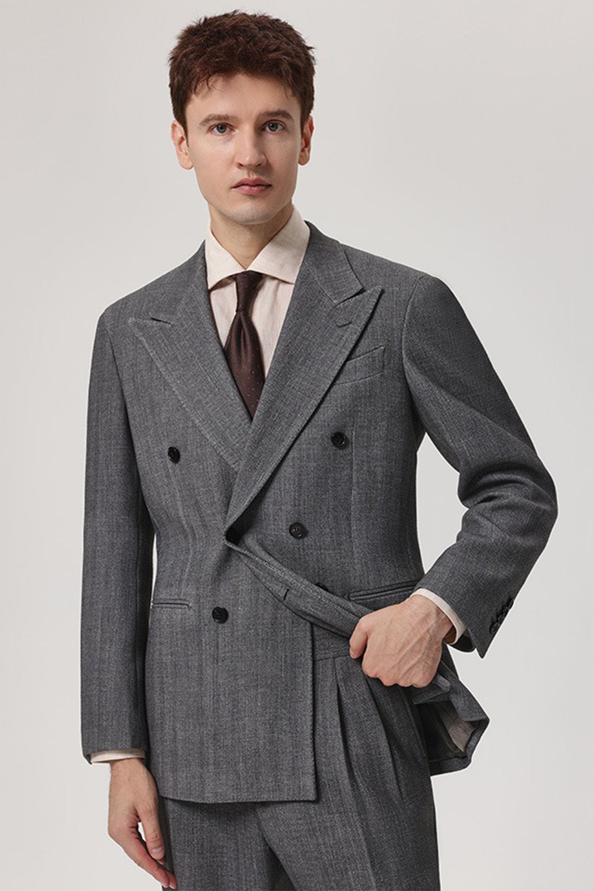 aesido 2 Piece Winter Thickened Brushed Herringbone Double Breasted Business Casual Men's Suit