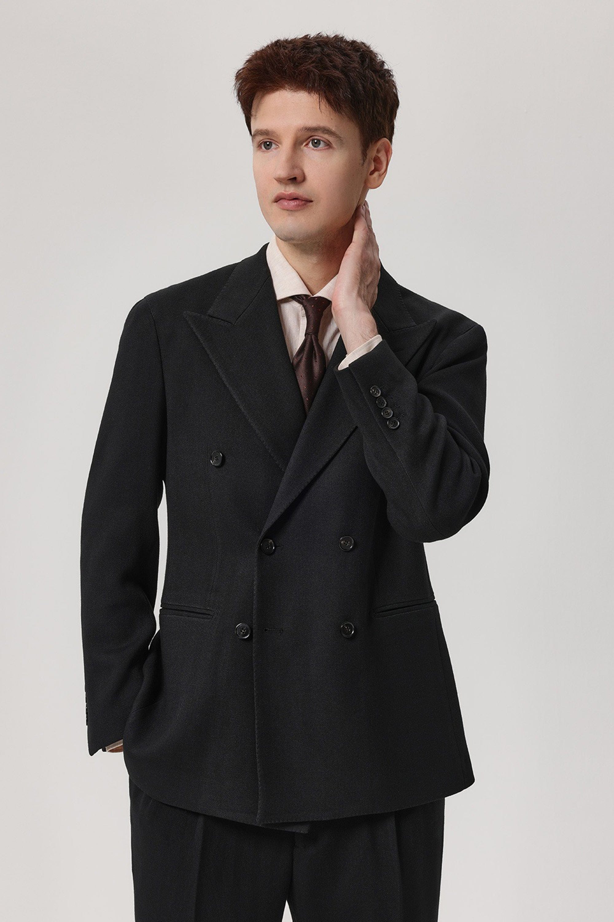 aesido 2 Piece Winter Thickened Brushed Herringbone Double Breasted Business Casual Men's Suit