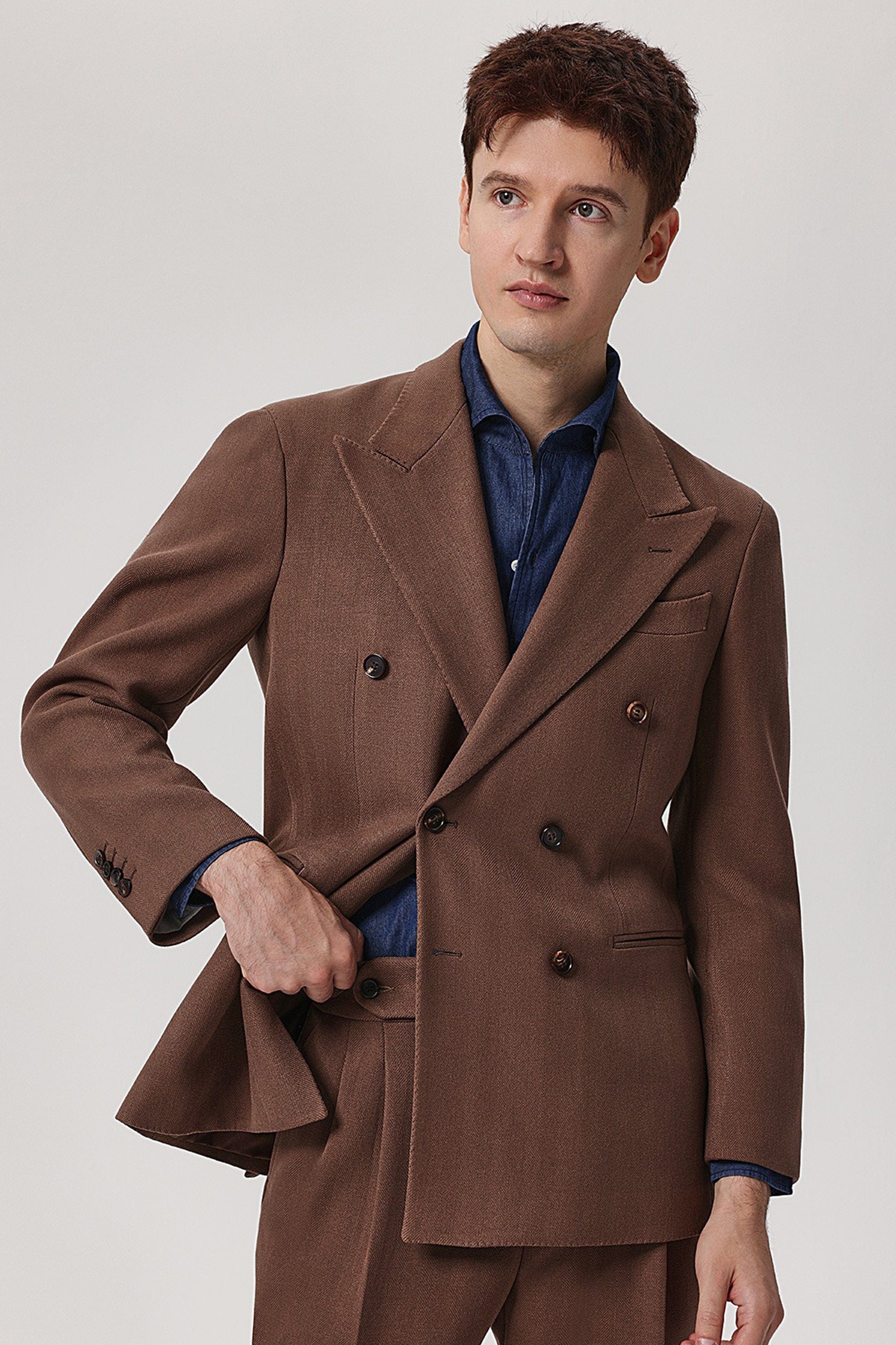 aesido 2 Piece Winter Thickened Brushed Herringbone Double Breasted Business Casual Men's Suit