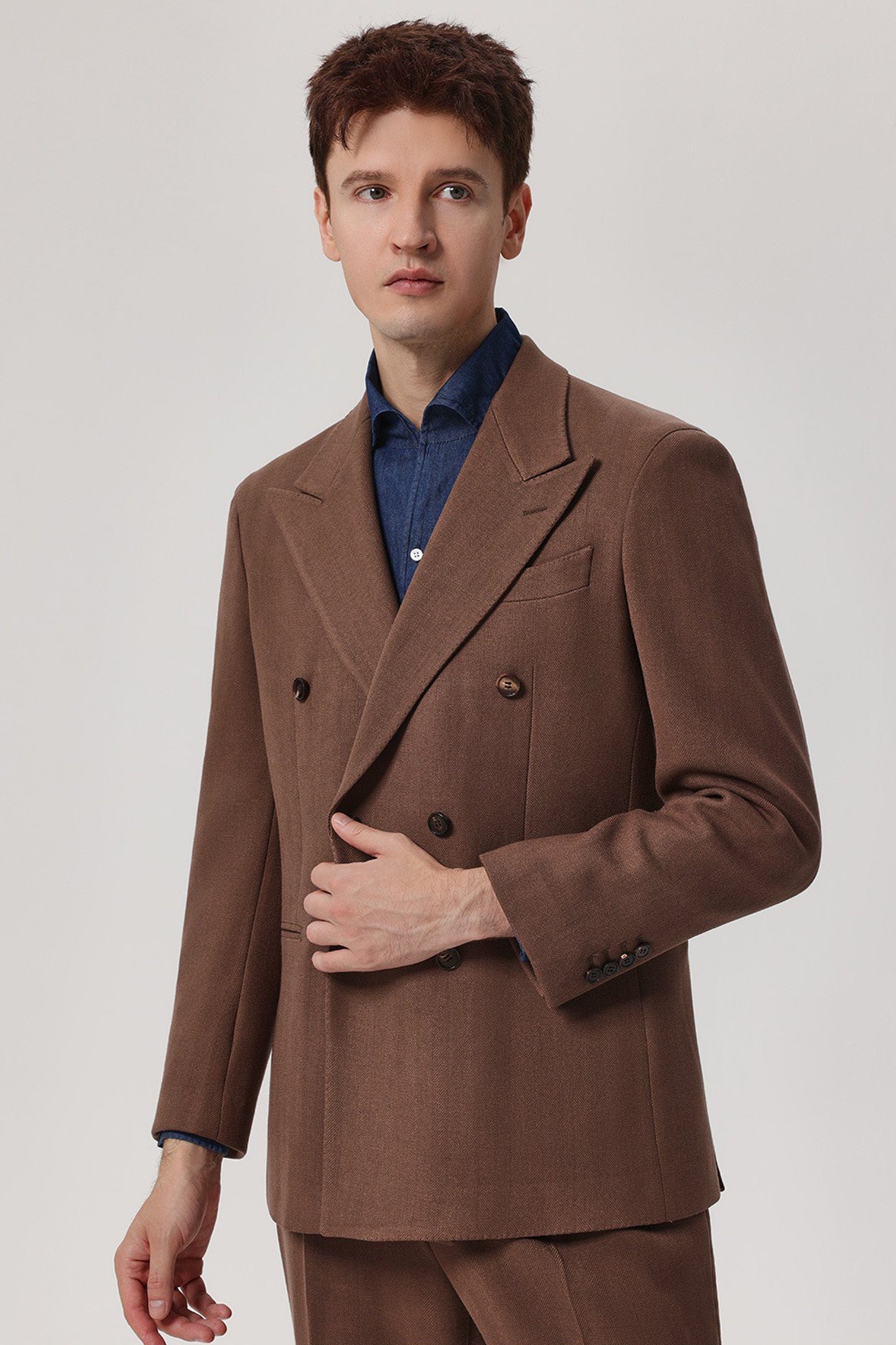 aesido 2 Piece Winter Thickened Brushed Herringbone Double Breasted Business Casual Men's Suit