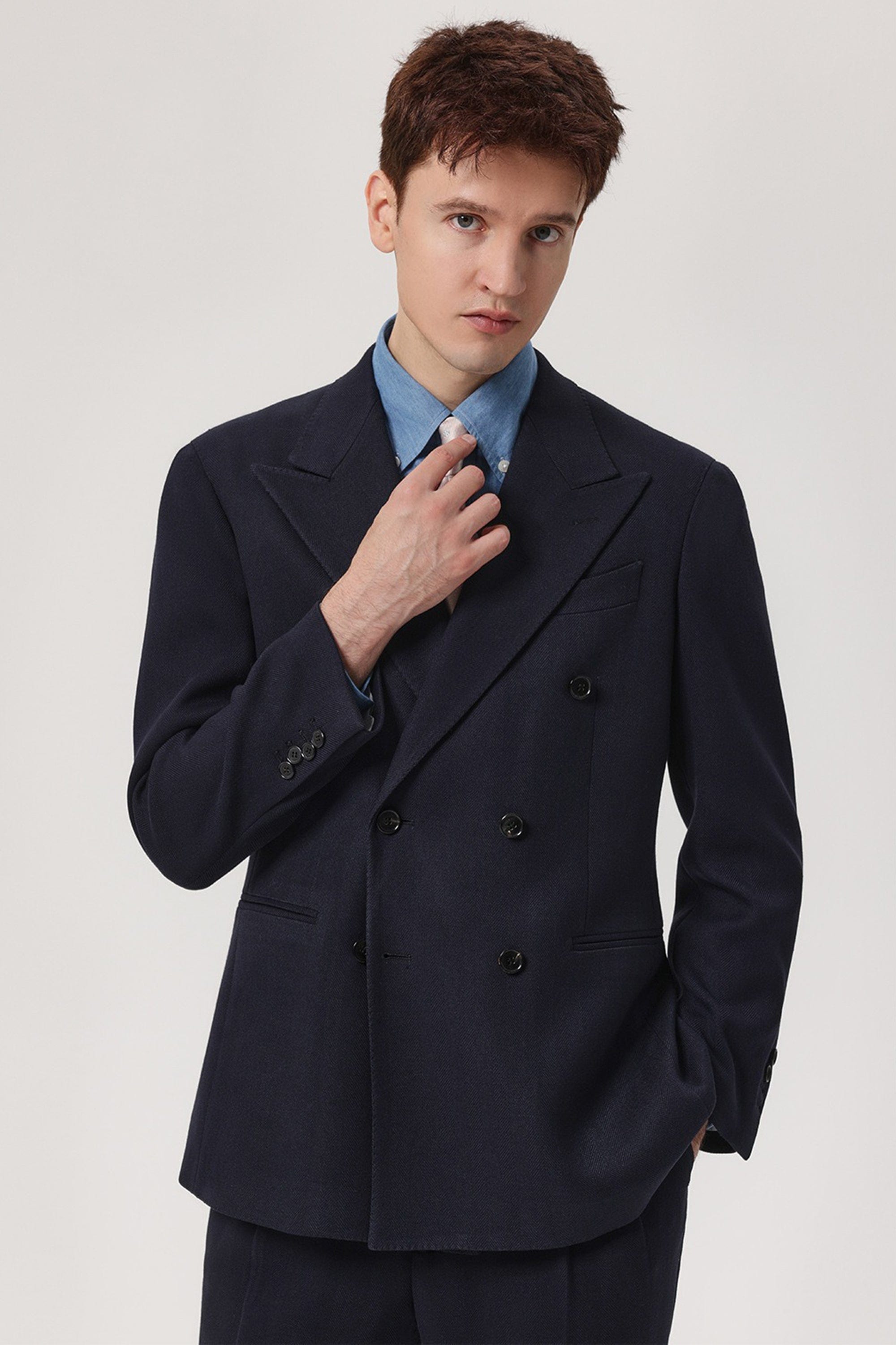 aesido 2 Piece Winter Thickened Brushed Herringbone Double Breasted Business Casual Men's Suit