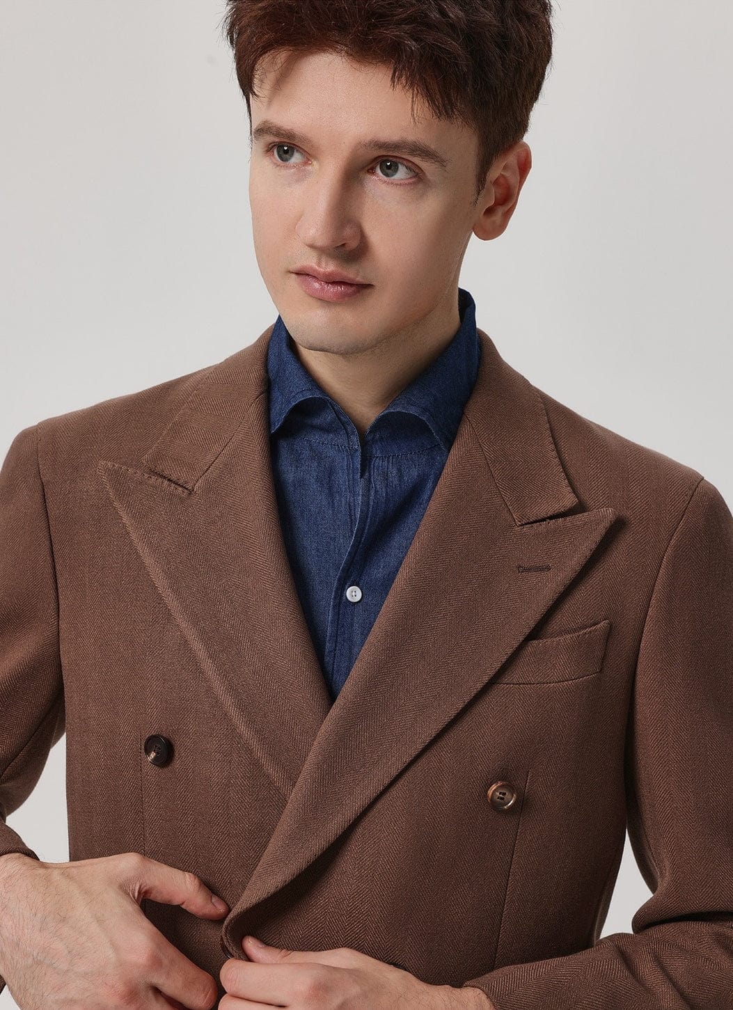 aesido 2 Piece Winter Thickened Brushed Herringbone Double Breasted Business Casual Men's Suit