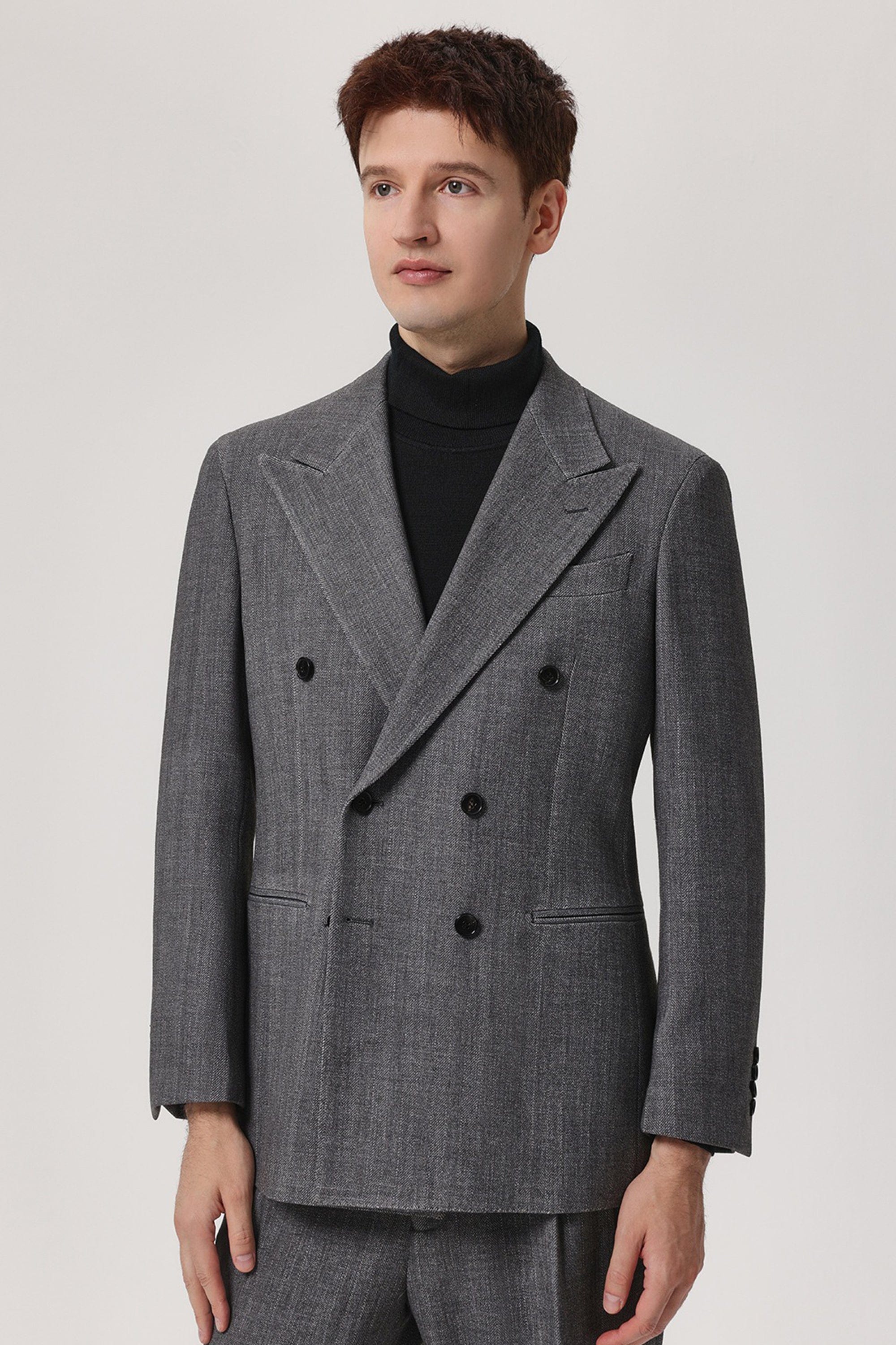 aesido 2 Piece Winter Thickened Brushed Herringbone Double Breasted Business Casual Men's Suit