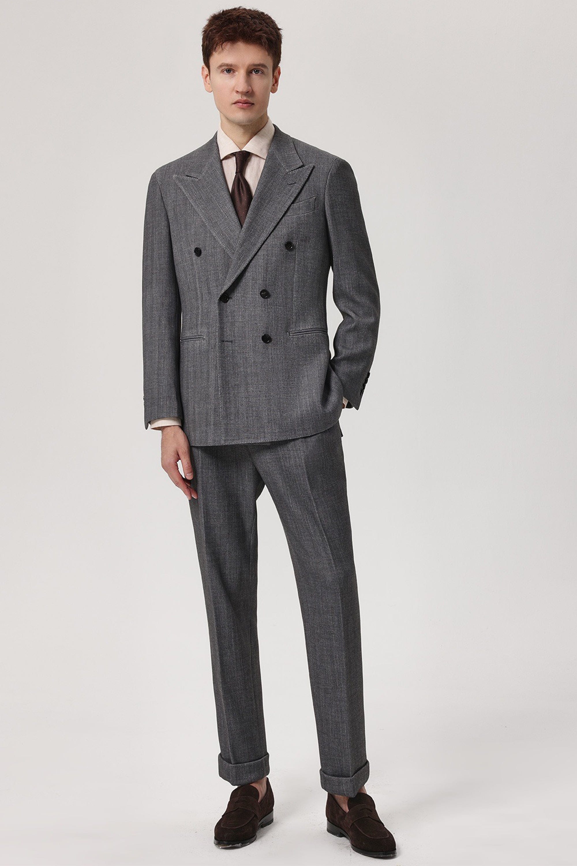 aesido 2 Piece Winter Thickened Brushed Herringbone Double Breasted Business Casual Men's Suit