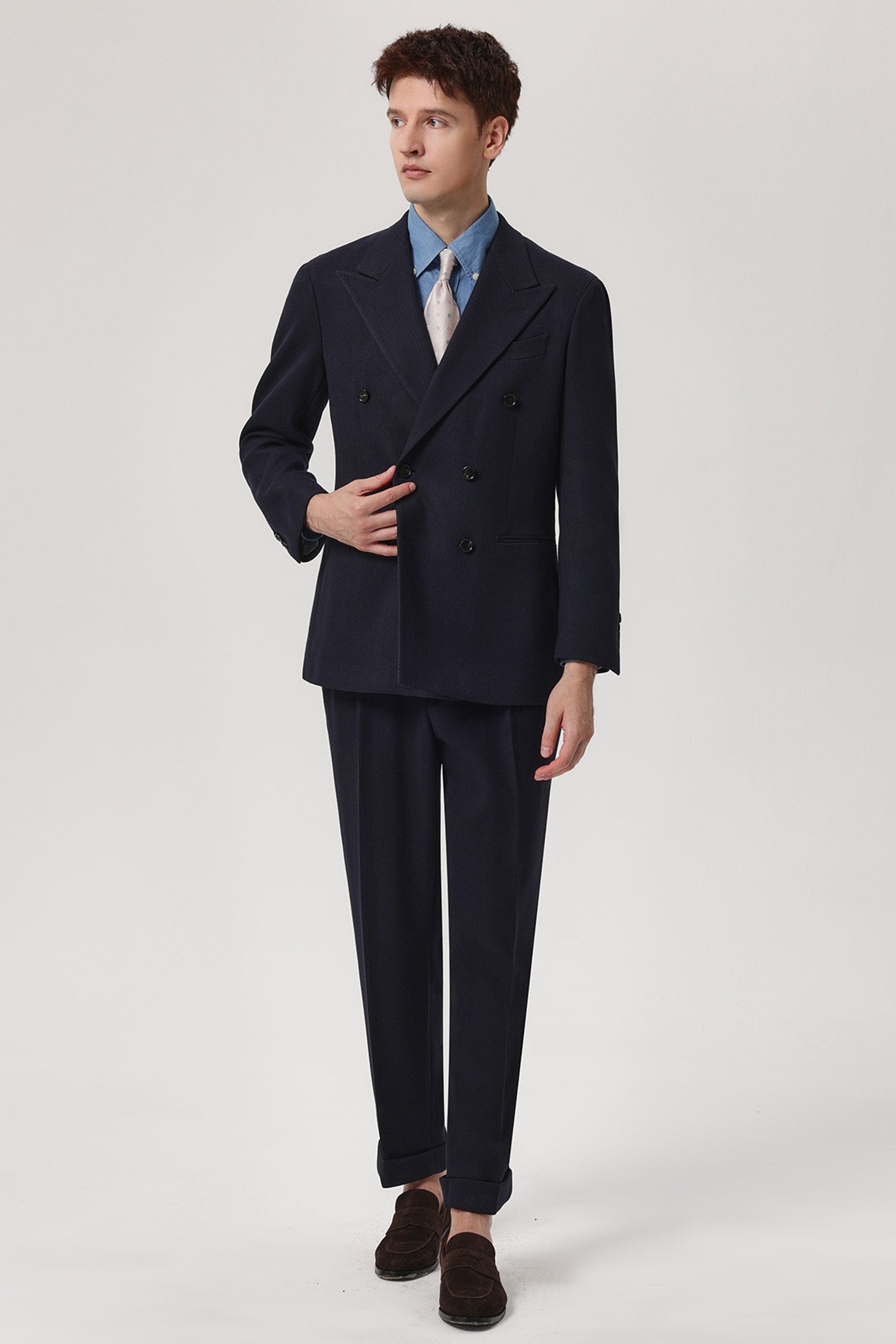 aesido 2 Piece Winter Thickened Brushed Herringbone Double Breasted Business Casual Men's Suit