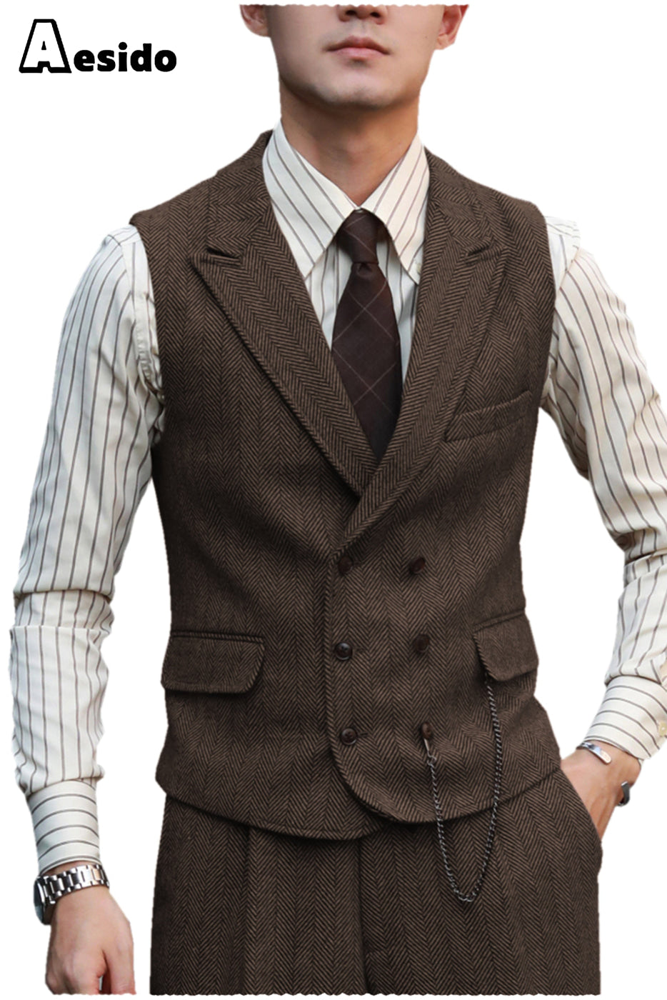 aesido 2 Pieces Double Breasted Peak Lapel Waistcoat (Vest+Pants)