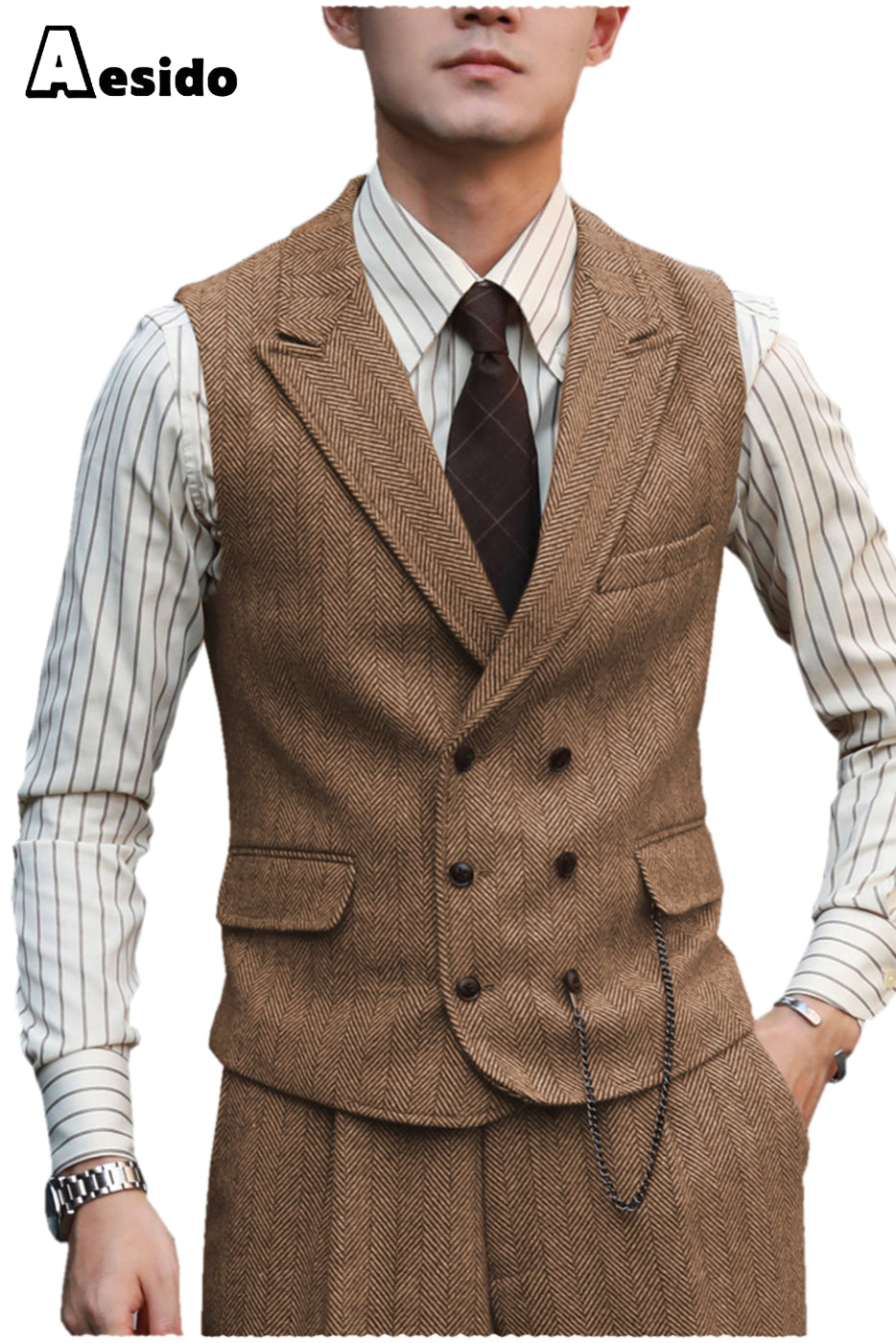 aesido 2 Pieces Double Breasted Peak Lapel Waistcoat (Vest+Pants)