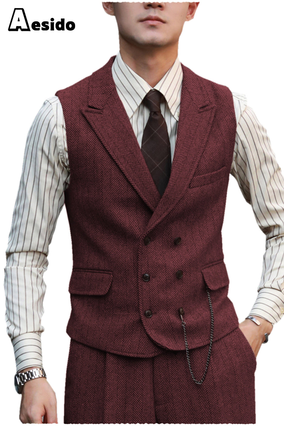 aesido 2 Pieces Double Breasted Peak Lapel Waistcoat (Vest+Pants)