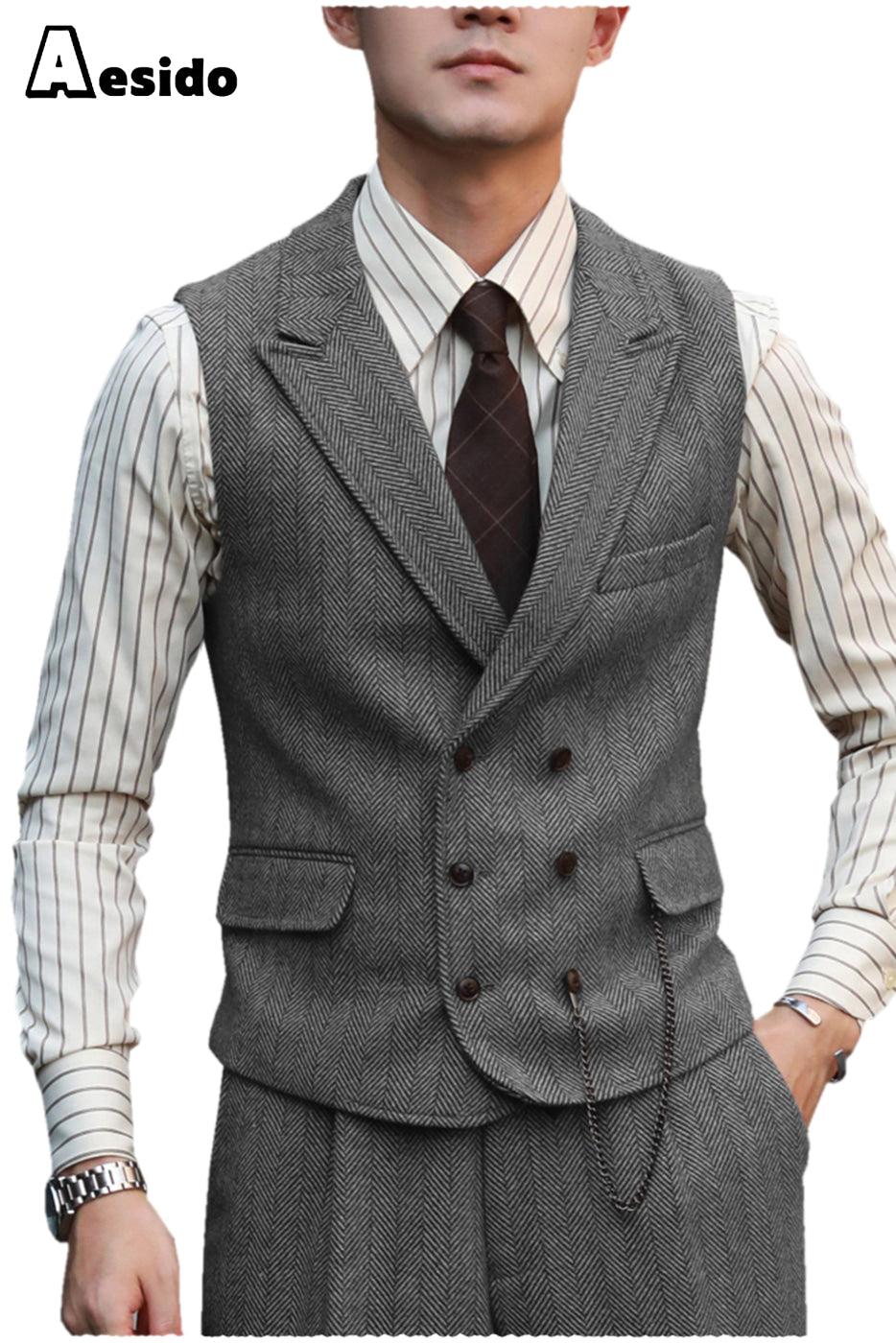 aesido 2 Pieces Double Breasted Peak Lapel Waistcoat (Vest+Pants)