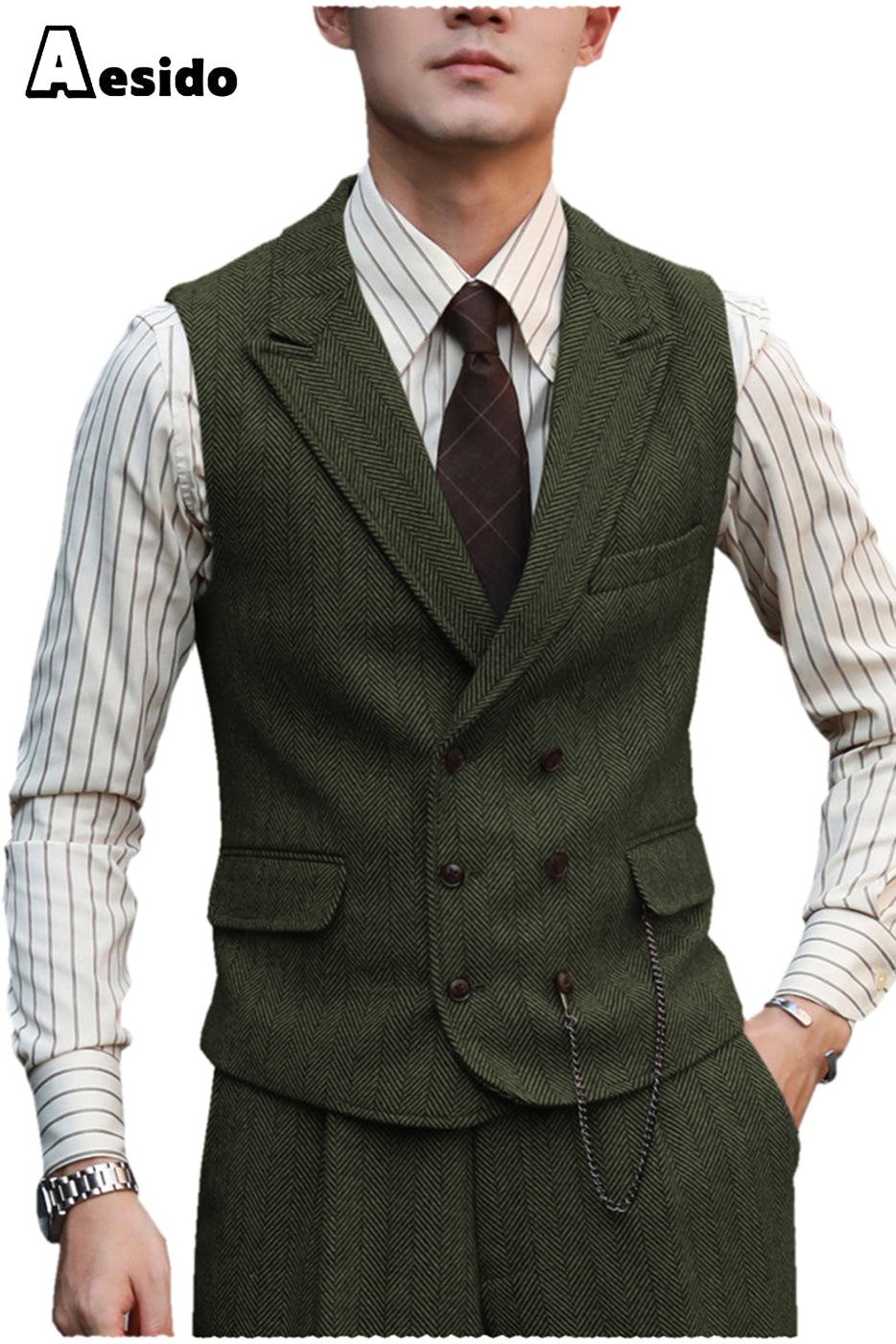 aesido 2 Pieces Double Breasted Peak Lapel Waistcoat (Vest+Pants)