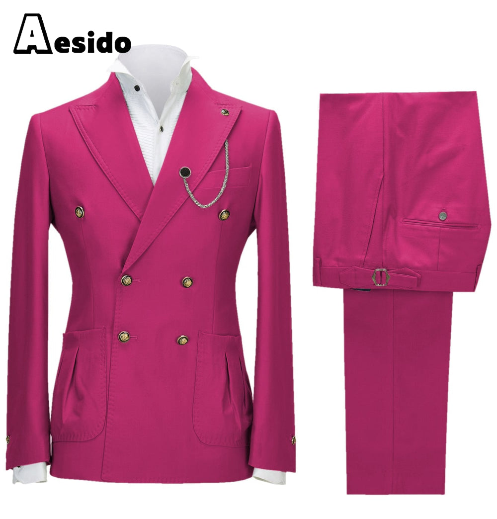 aesido 2 Pieces Double Button Peak Lapel Men Suit(BLazer+Pants)