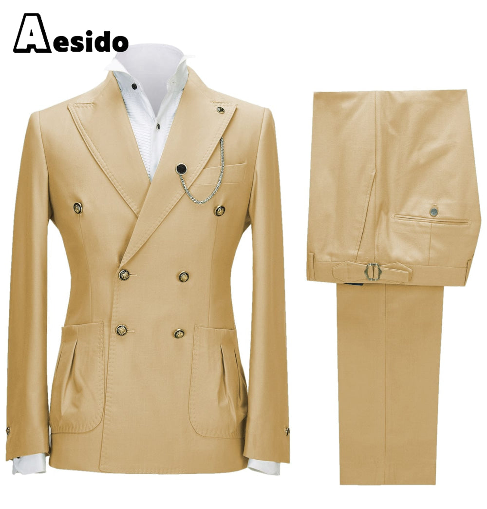 aesido 2 Pieces Double Button Peak Lapel Men Suit(BLazer+Pants)