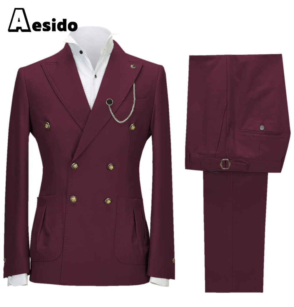 aesido 2 Pieces Double Button Peak Lapel Men Suit(BLazer+Pants)